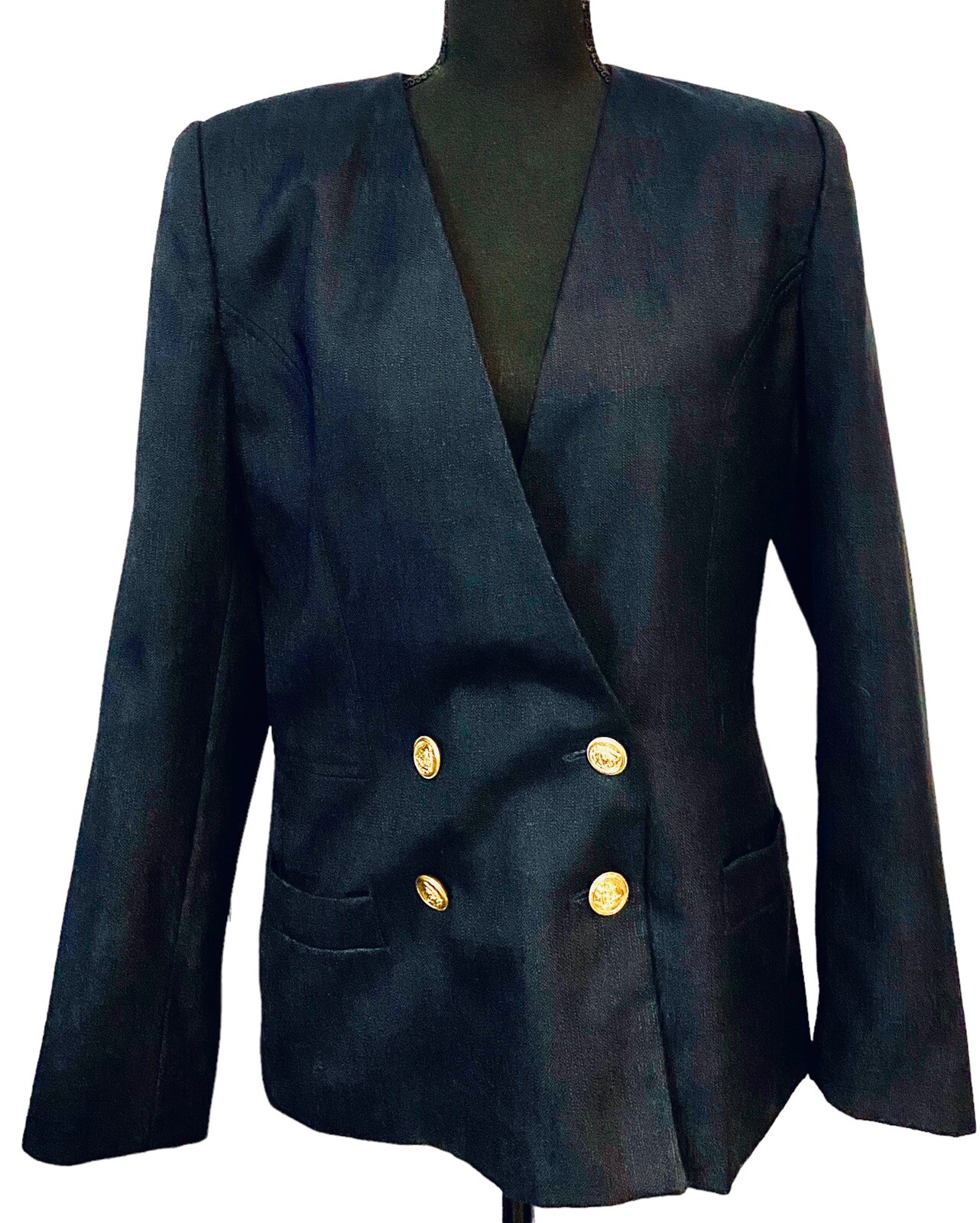 SASSON PARIS NEW YORK NAVY BLUE DOUBLE BREASTED BLAZER, GOLD BUTTONS, LINED, 10
