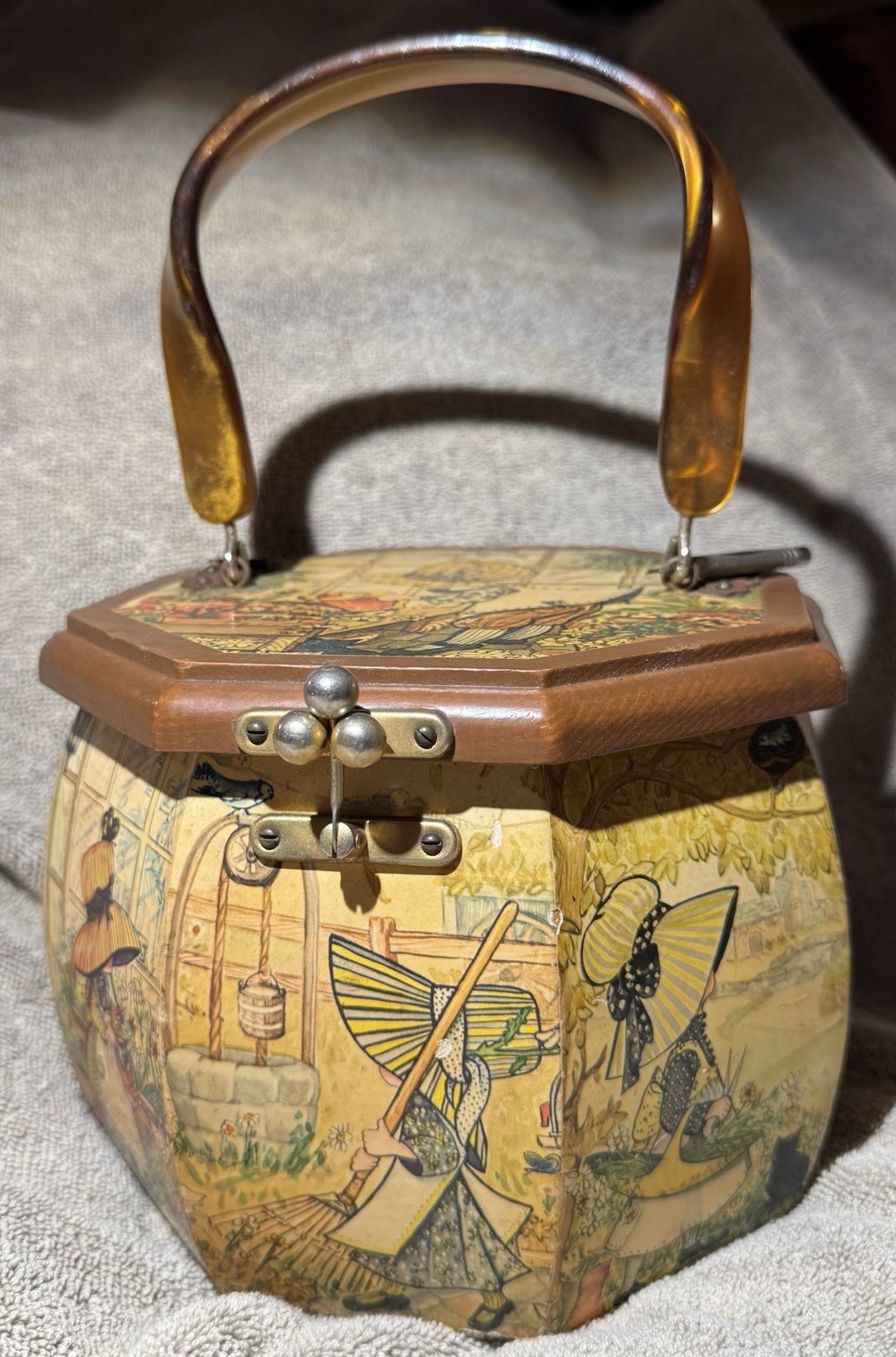 Vintage Handmade Octagonal Wooden Purse decoupaged with Holly Hobby-like Motifs
