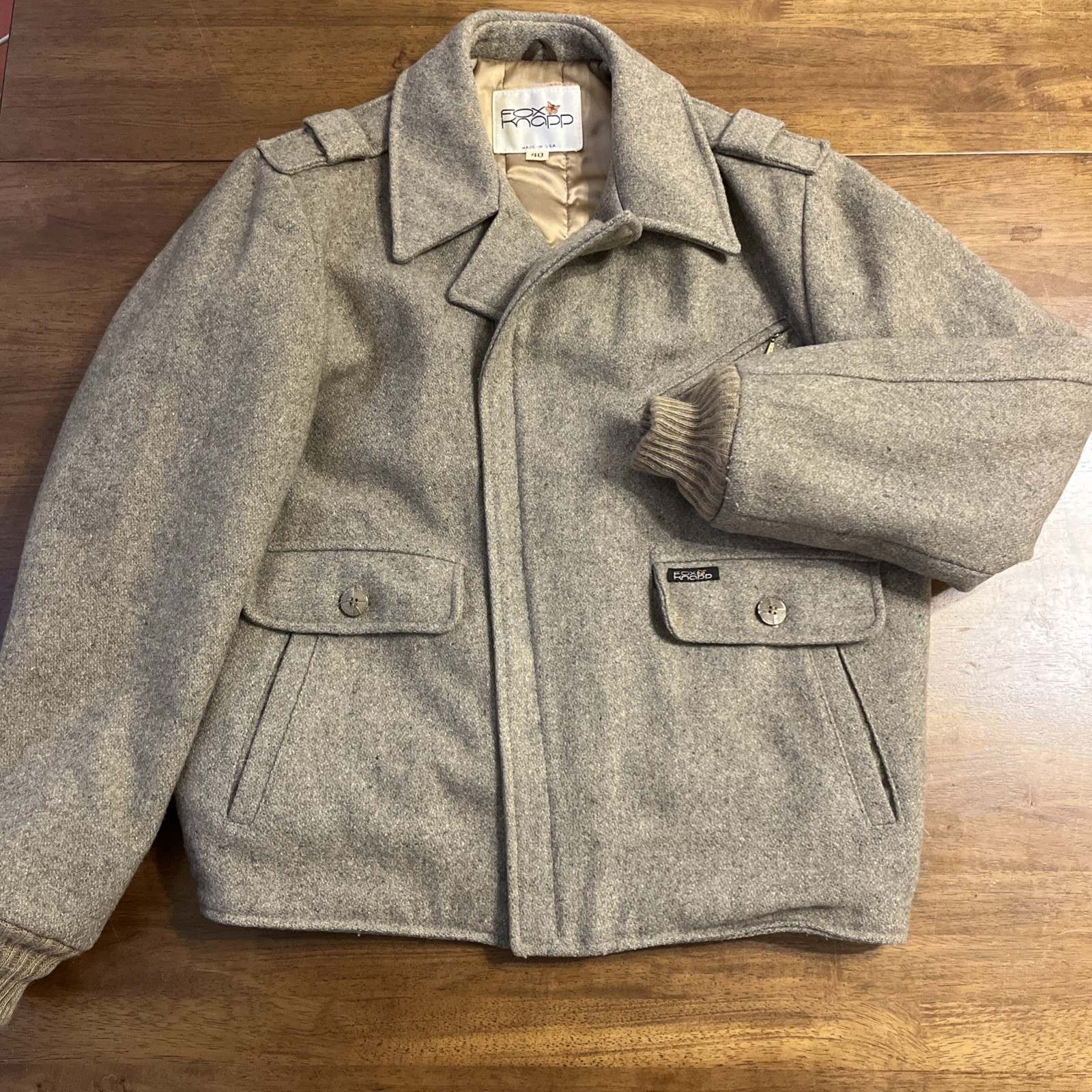 Vtg 1970s Fox Knapp Wool Bomber Biker Coat Fully Lined Gray Zip 40 Jacket