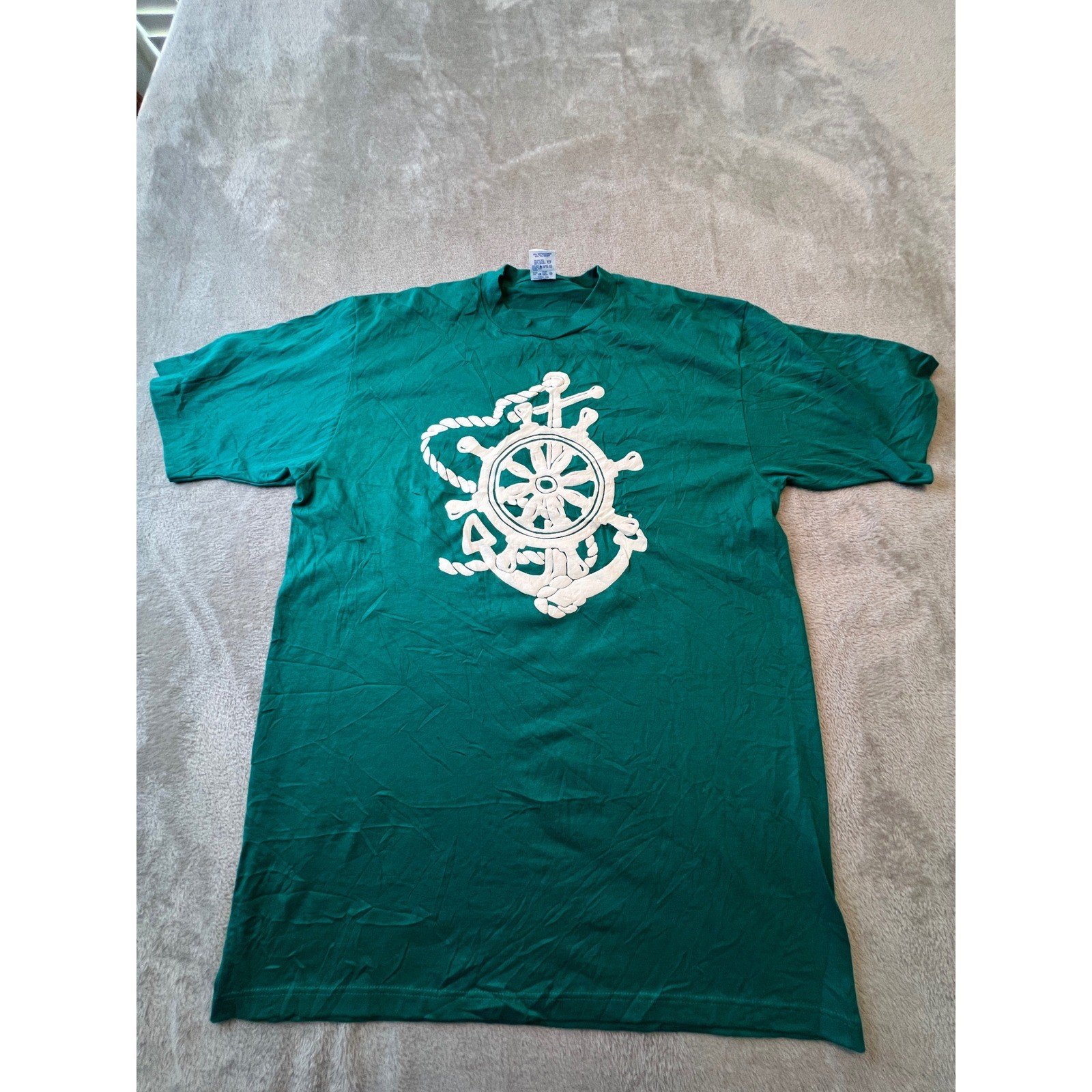 Russell Athletic T-Shirt Mens Large Green Vintage Nautical Ship Wheel