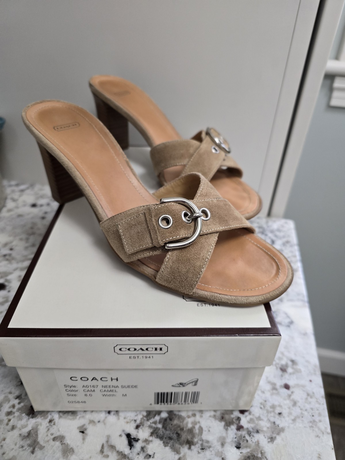 Vintage Coach Neena Suede Slide, Buckle, Women’s 8, Camel, W/Box Excellent Shape