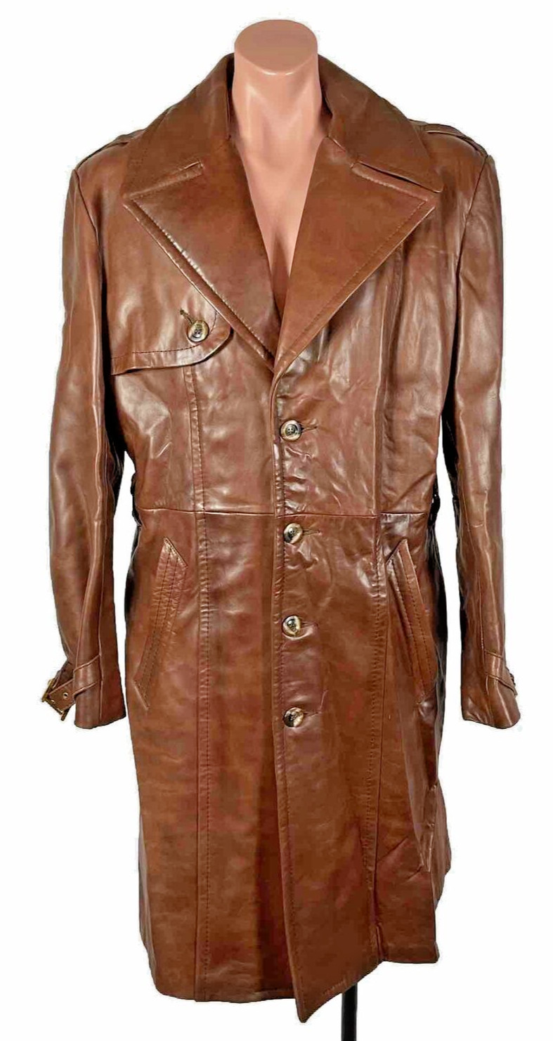 SCULLY soft lambskin leather trench coat jacket VTG 80s 70s Sz 44 Cognac