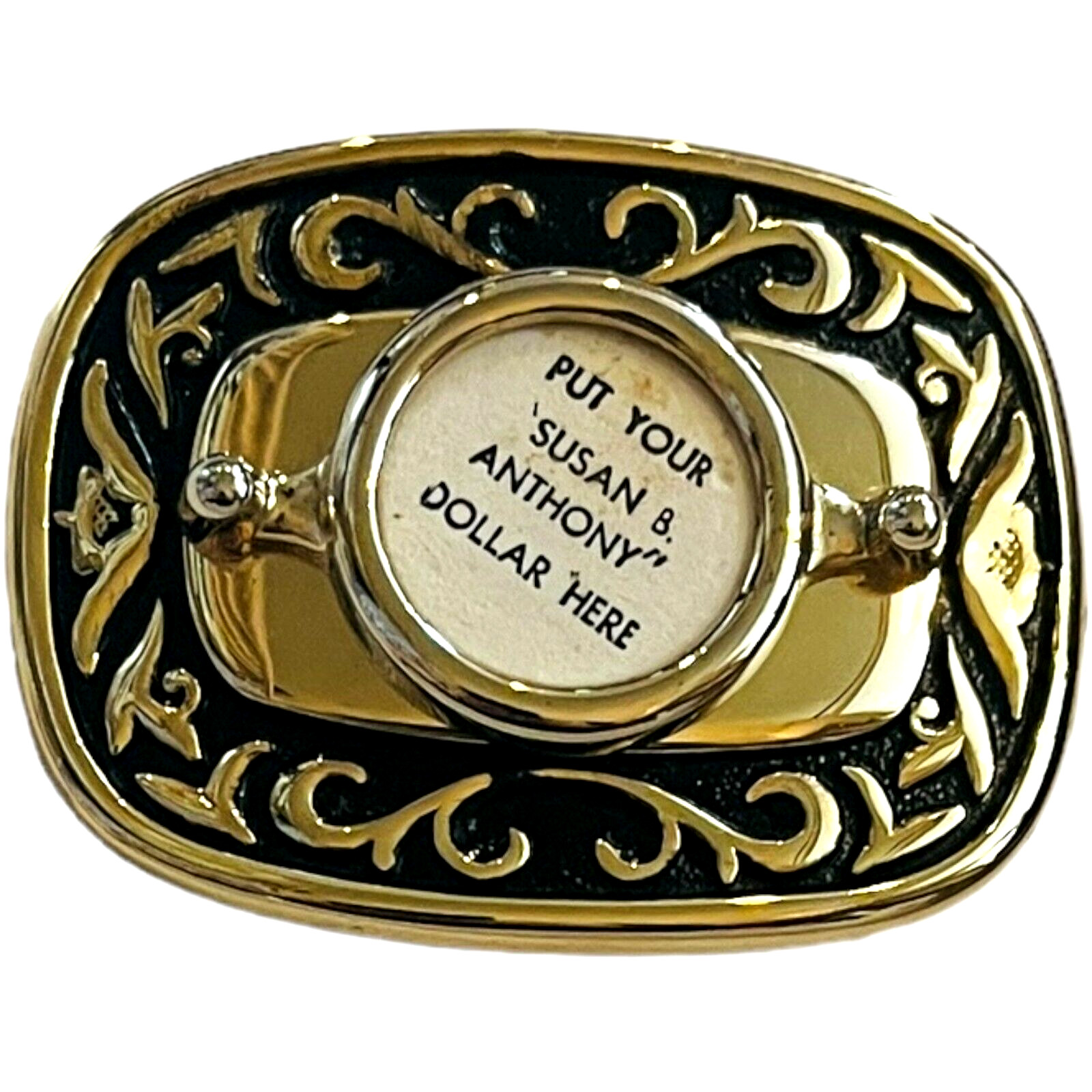 Susan B Anthony Belt Buckle – Vintage – Gold and Black Color – 3″ W x 2 1/4″ H