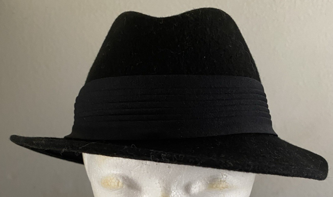 Vtg Bollman Hat Co 100% Wool Doeskin Felt Fedora Black USA Wide Ribbon Band Sm