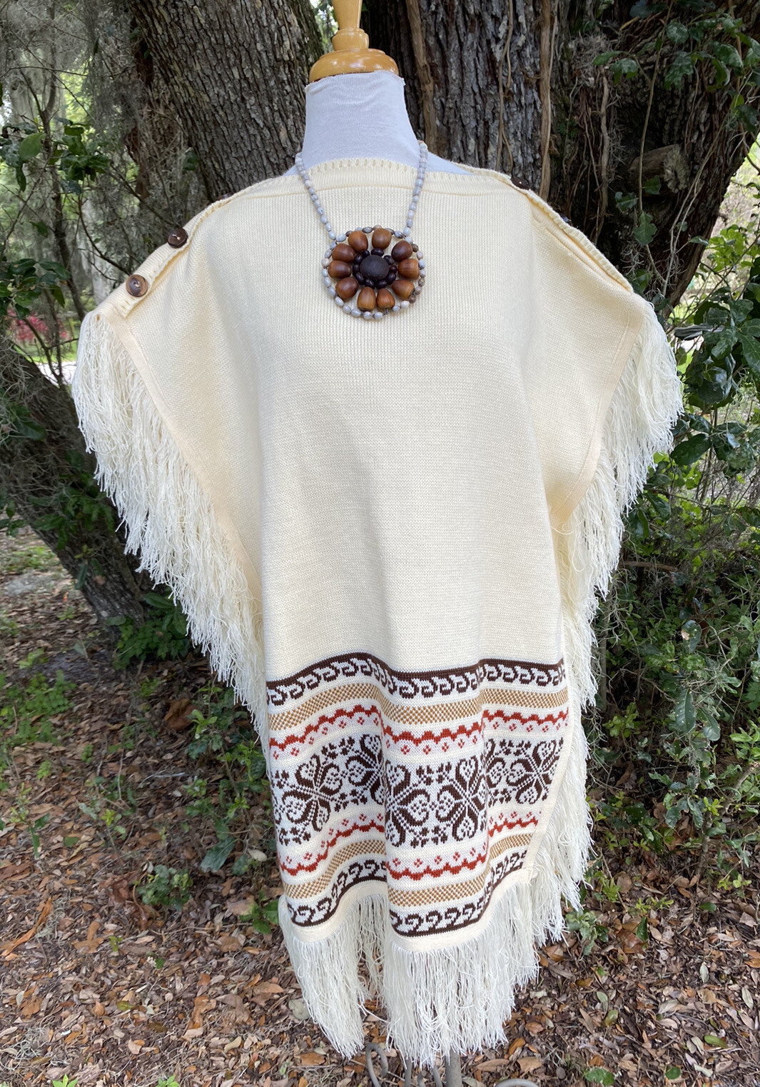 Vtg Fringed Poncho Sweater Shawl Brown Orange Retro Boho One Sz Unisex Dress