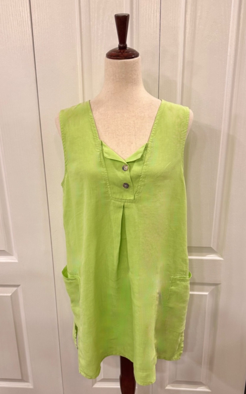 Vintage, Woman’s Size M Tunic Dress, 100% Linen, Lime Green, Pockets by CLICK
