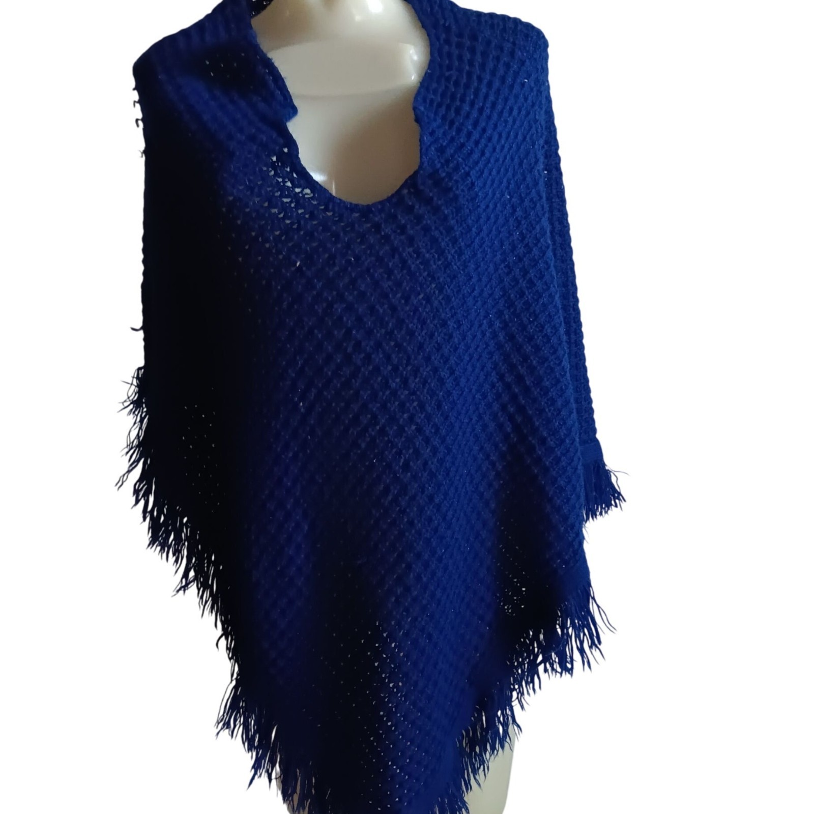 Small Vintage 1970s Womens Sweater Shawl Blue Cape Acrylic Net Woven Hippy Mod
