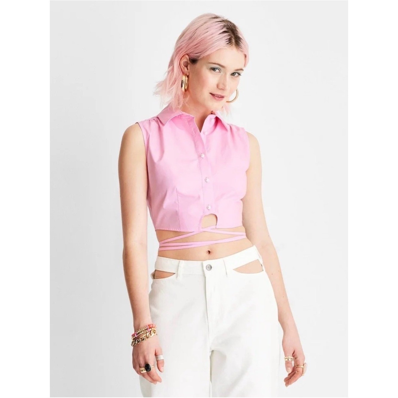 Sleeveless Light Pink Cropped Pearl Button-Up Tie-Waist Top Size Large 90s Y2K