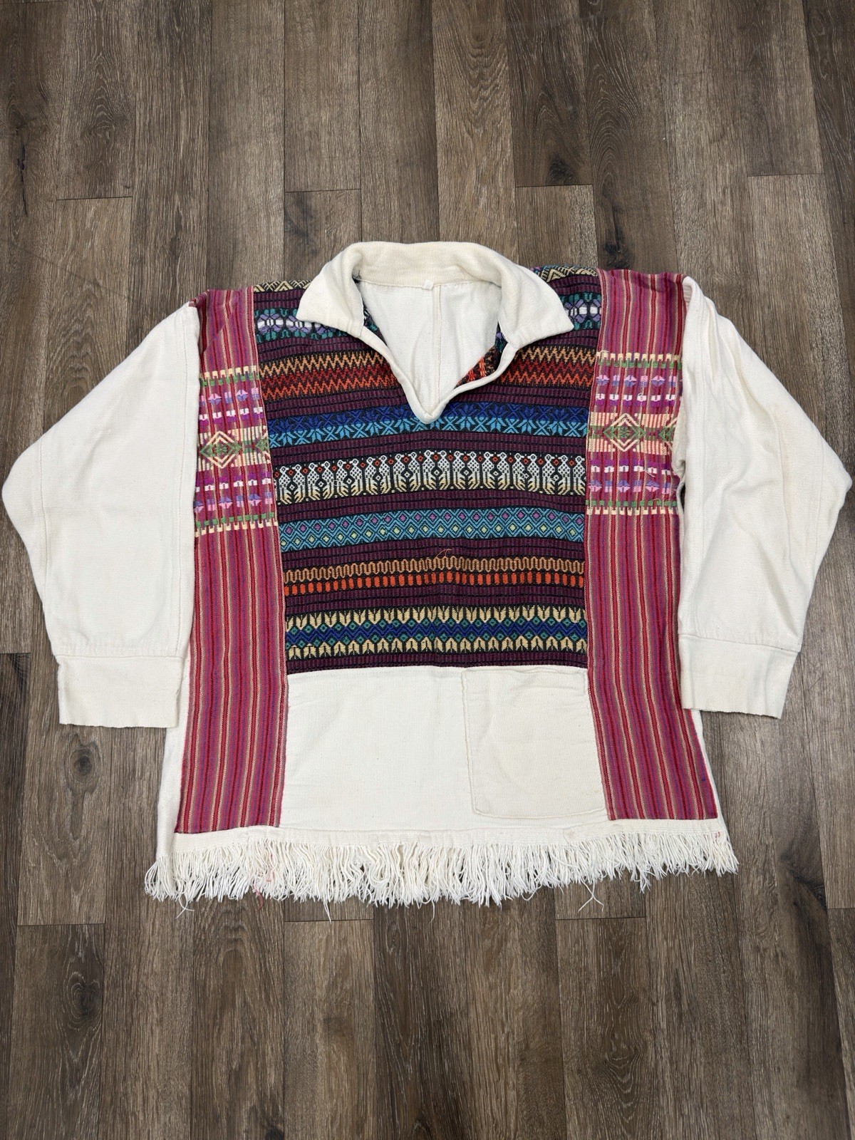 Vintage Boho Woven Tapestry Jacket 80s Collard Native Aztec Fringe Unisex XL