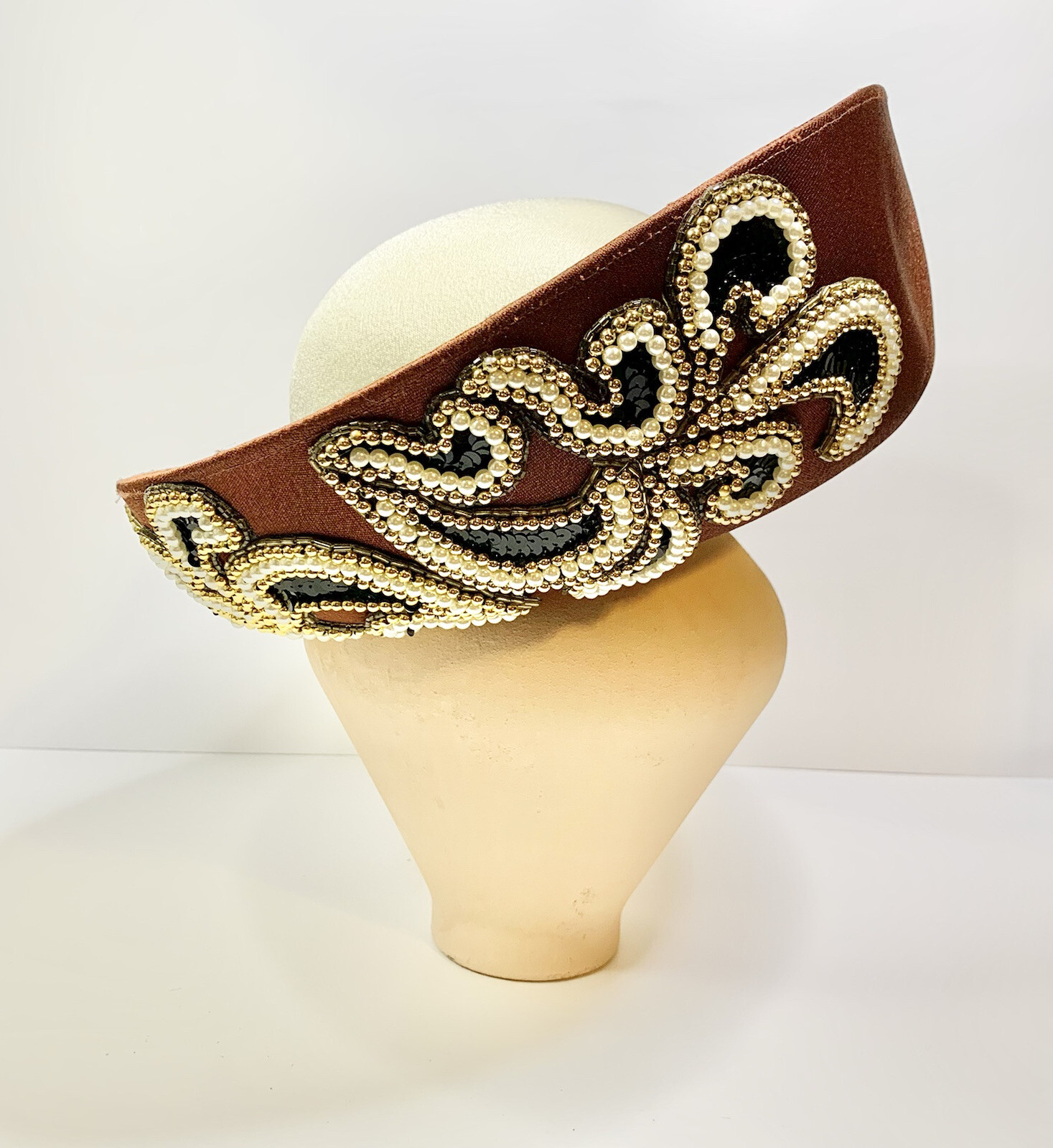 Vintage Fashion Hat Ivory Brown Sequins Derby Church Style Fancy Beautiful