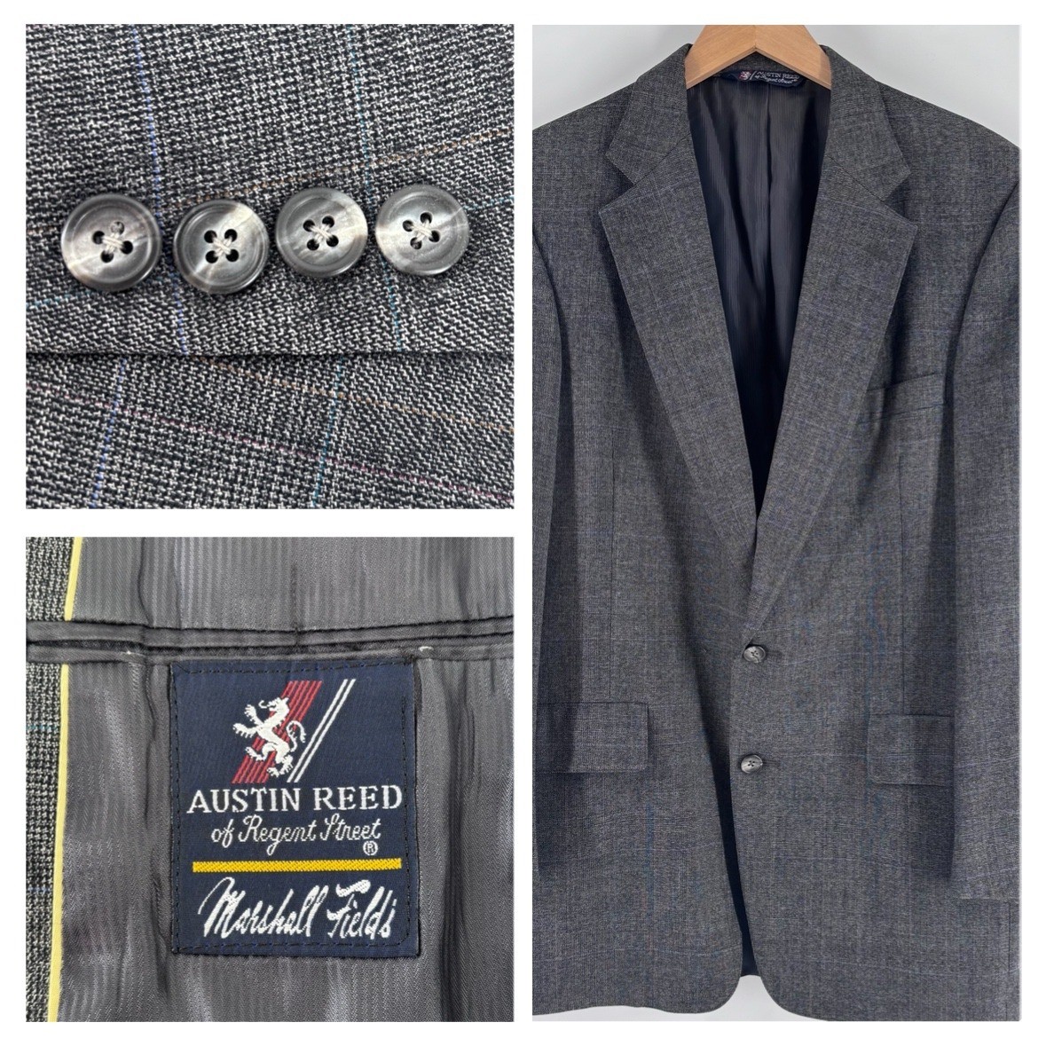 Austin Reed Sport Coat Mens 44 Gray Glen Plaid Wool Blazer Marshall Fields USA