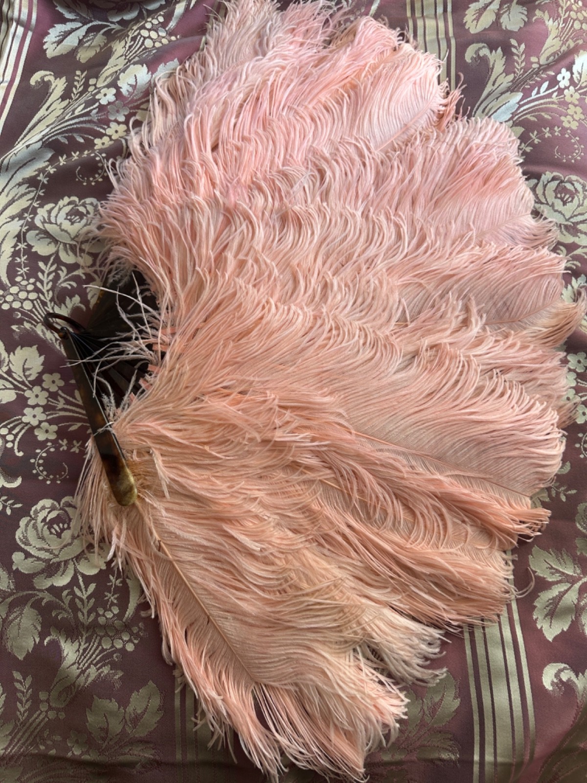 Antique 1920s Pink Ostrich Feather Fan Burlesque Hand Held Flapper