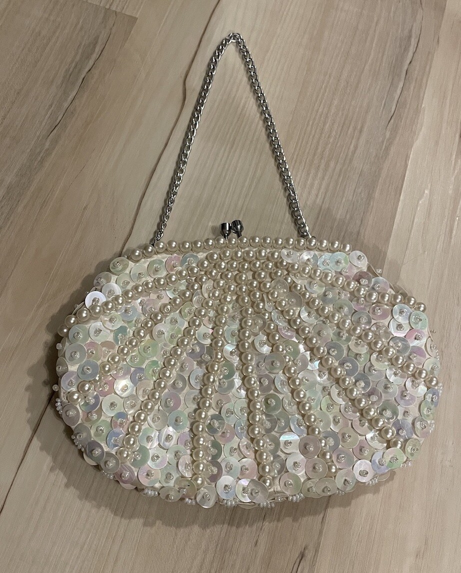 Vintage Pearl Sequin Evening Bag Mister Ernest Simon Hong Kong 7”x5” Occasions