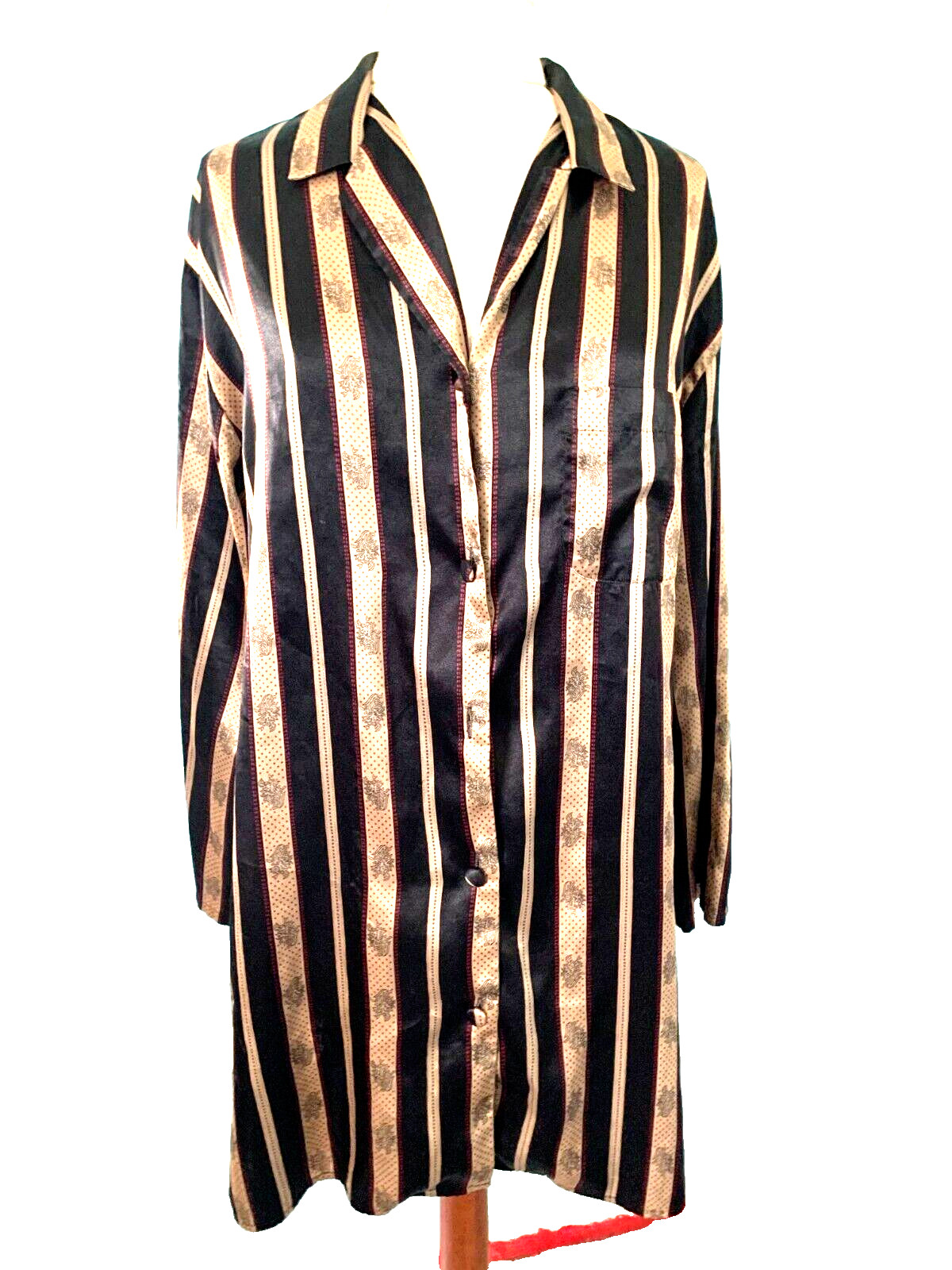 VTG VICTORIA’S SECRET Sleepshirt Lingerie Black Gold Button Long Sleeve Size S