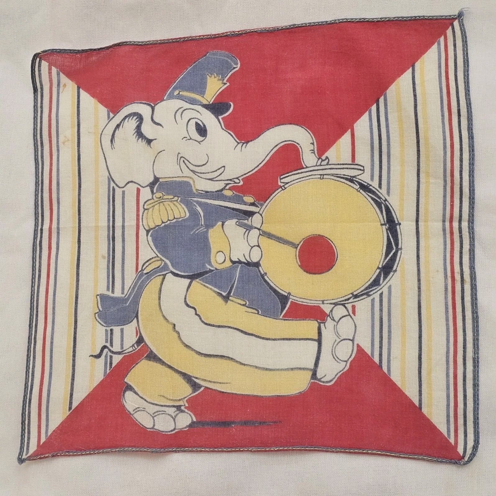 Vtg Tom Lamb Child’s Handkerchief Hanky Anthropomorphic Drum Major Elephant Band