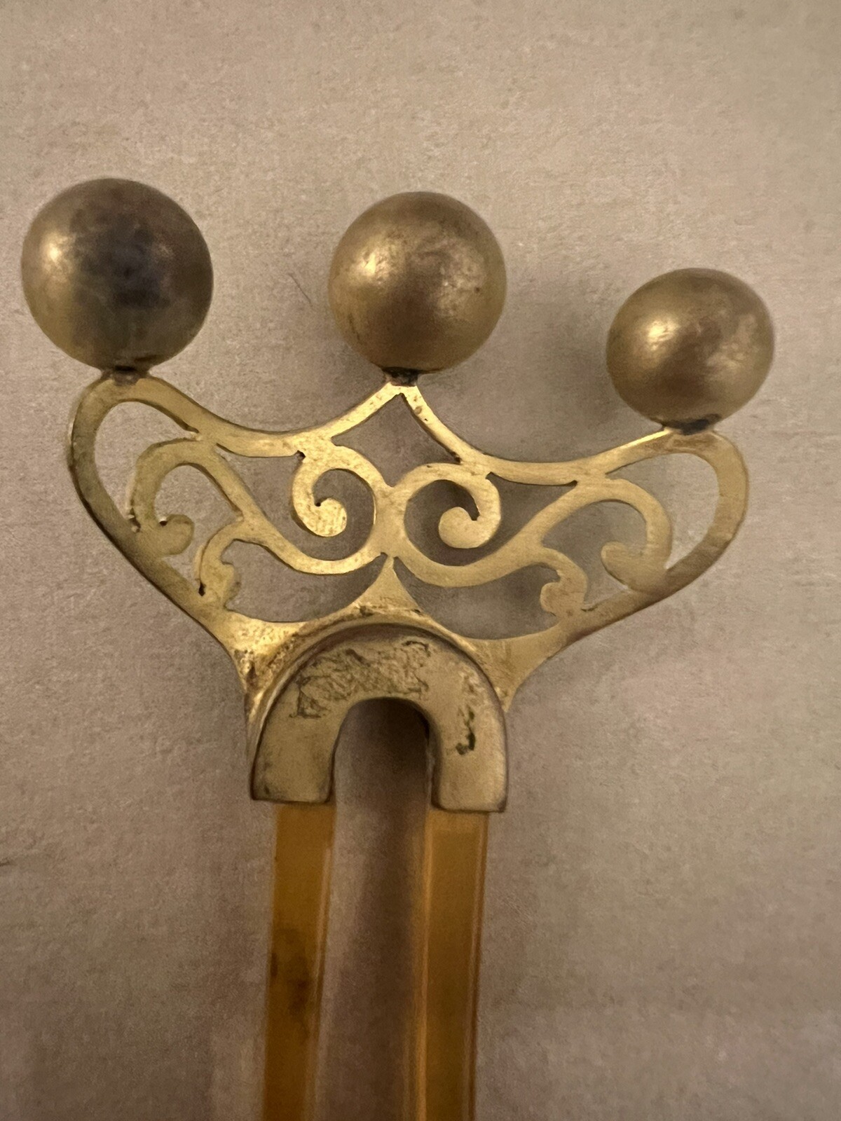 Vintage Hair Comb/Fork Amber Toned Brass Top