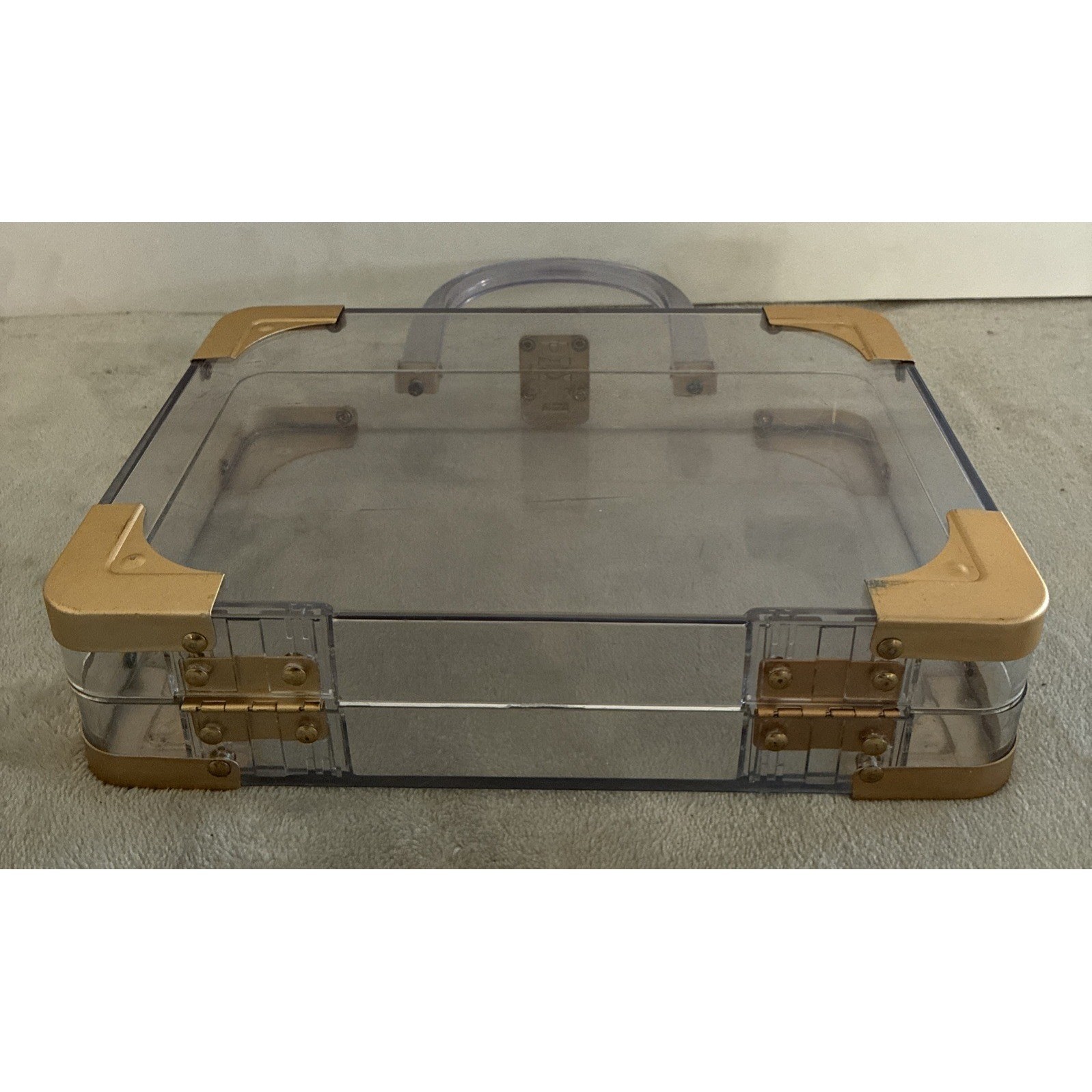 Vintage Clear Lucite Acrylic Box Purse 9.5×7.5×2.5″ Gold Hardware