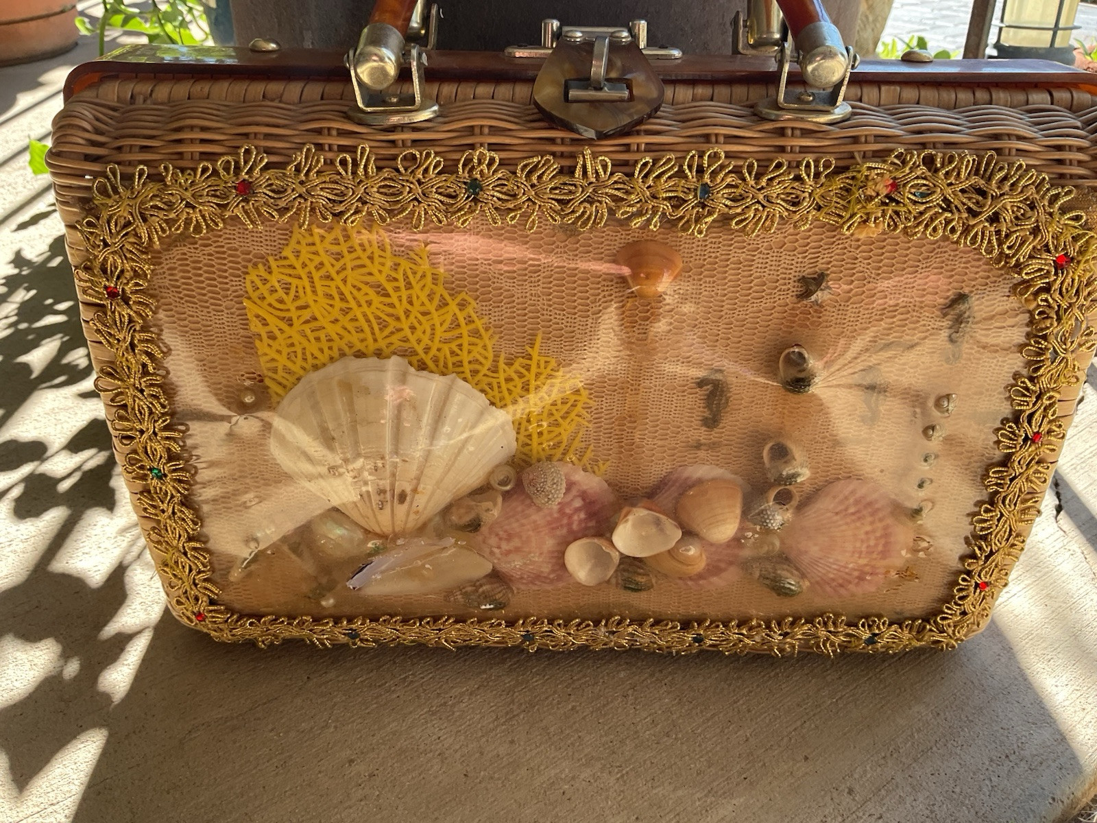 Princess Charming By Atlas Woven Wicker Basket Sea Shell Purse Sea Horse Coral