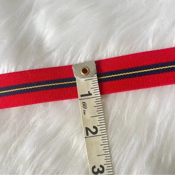 Vintage Stretch Belt Elastic Fabric & Leather Striped Red / Navy Blue Size 12