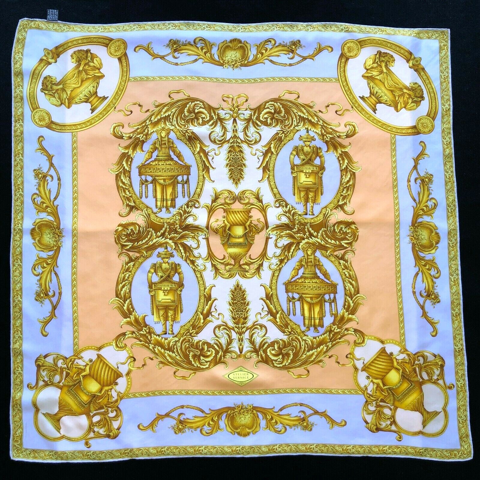 GIANNI VERSACE lavender peach gold silk scarf Petitot print size 34″ from 1992