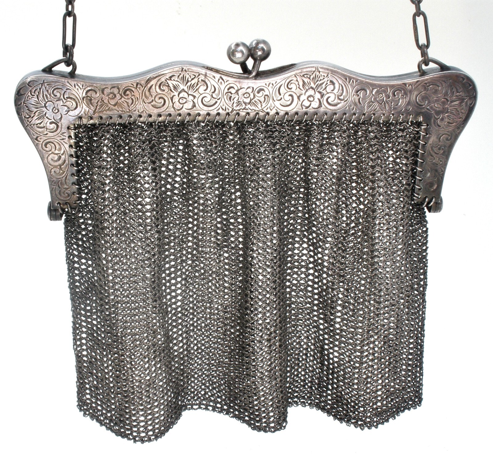 Antique Sterling Silver Mesh Purse Handbag Shreve and Co Floral Frame Taleri