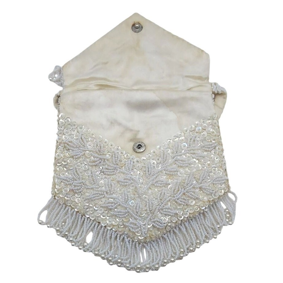 Vintage 50s Hand Beaded White Satin Purse Evening Bag Fringe & Sequins Hong Kong