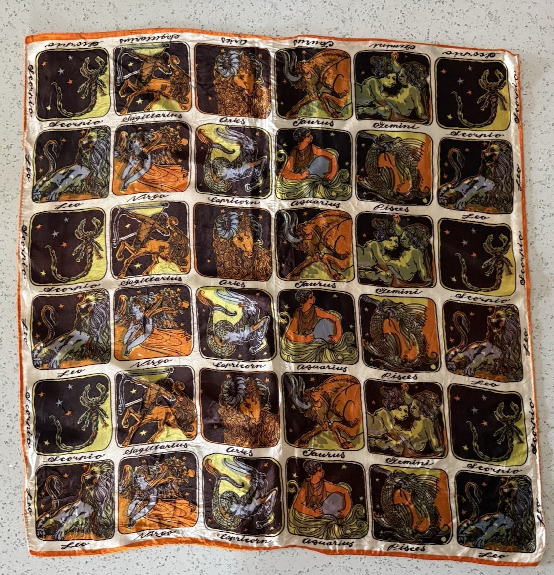 Vintage Zodiac Astrology Scarf Acetate Japan WRINKLED CREASED