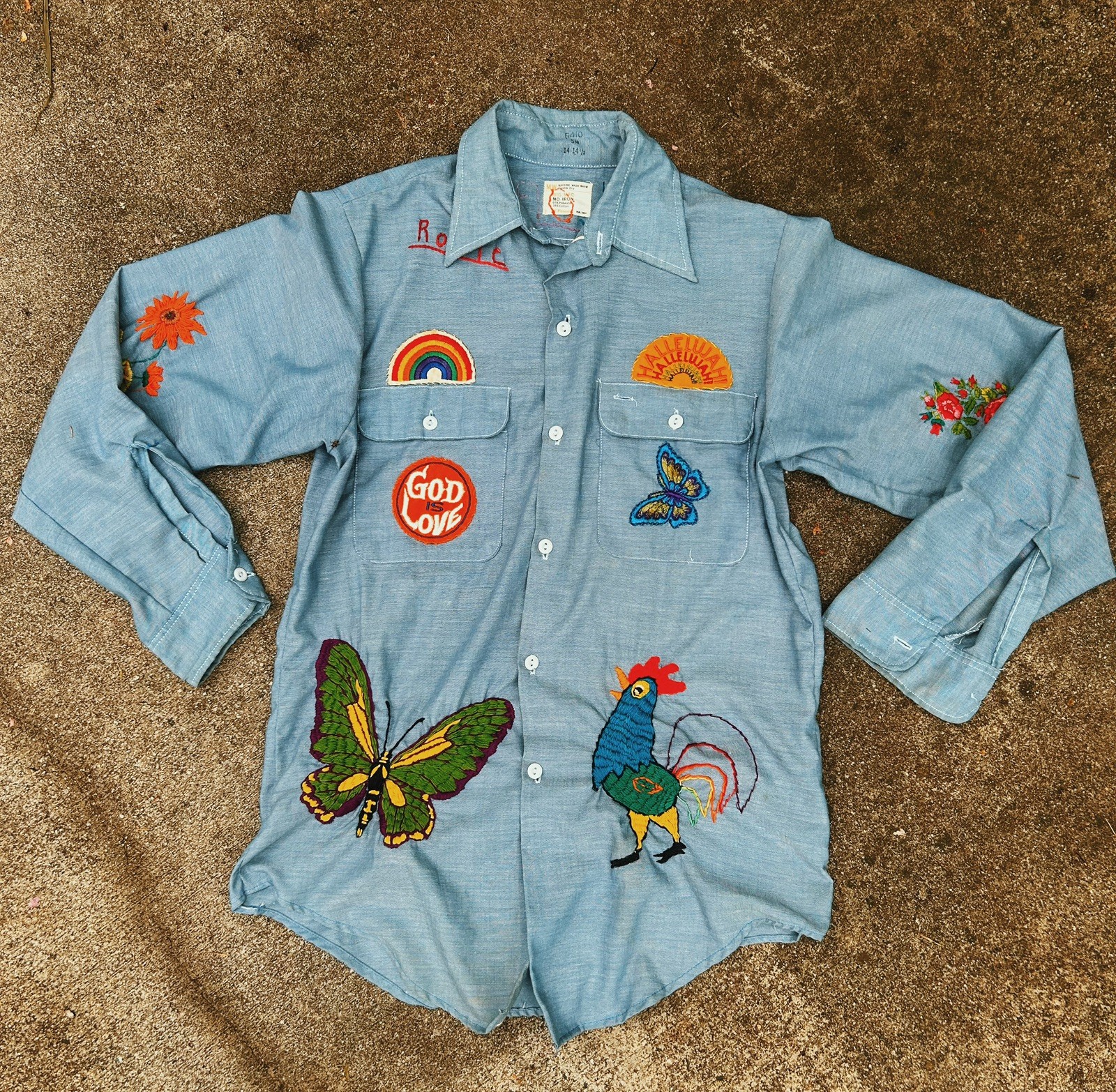VTG 70s HIPPY Insane Embroidered All Over Chambray Shirt Medium Chain Stitch