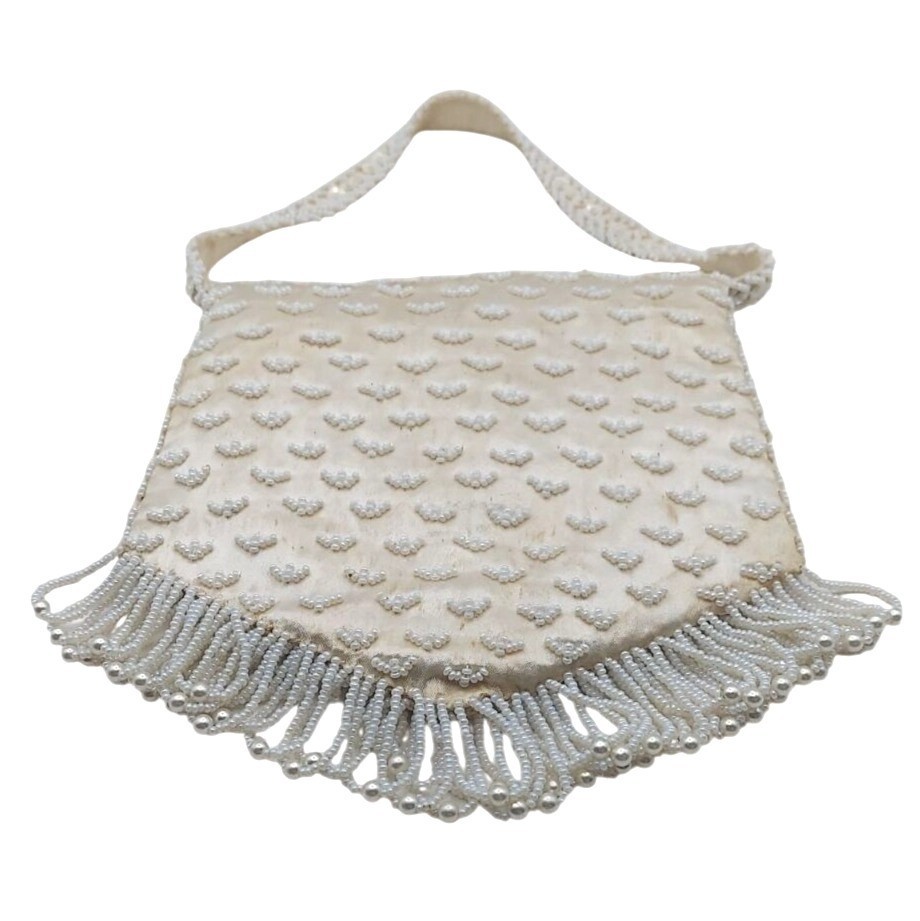 Vintage 50s Hand Beaded White Satin Purse Evening Bag Fringe & Sequins Hong Kong