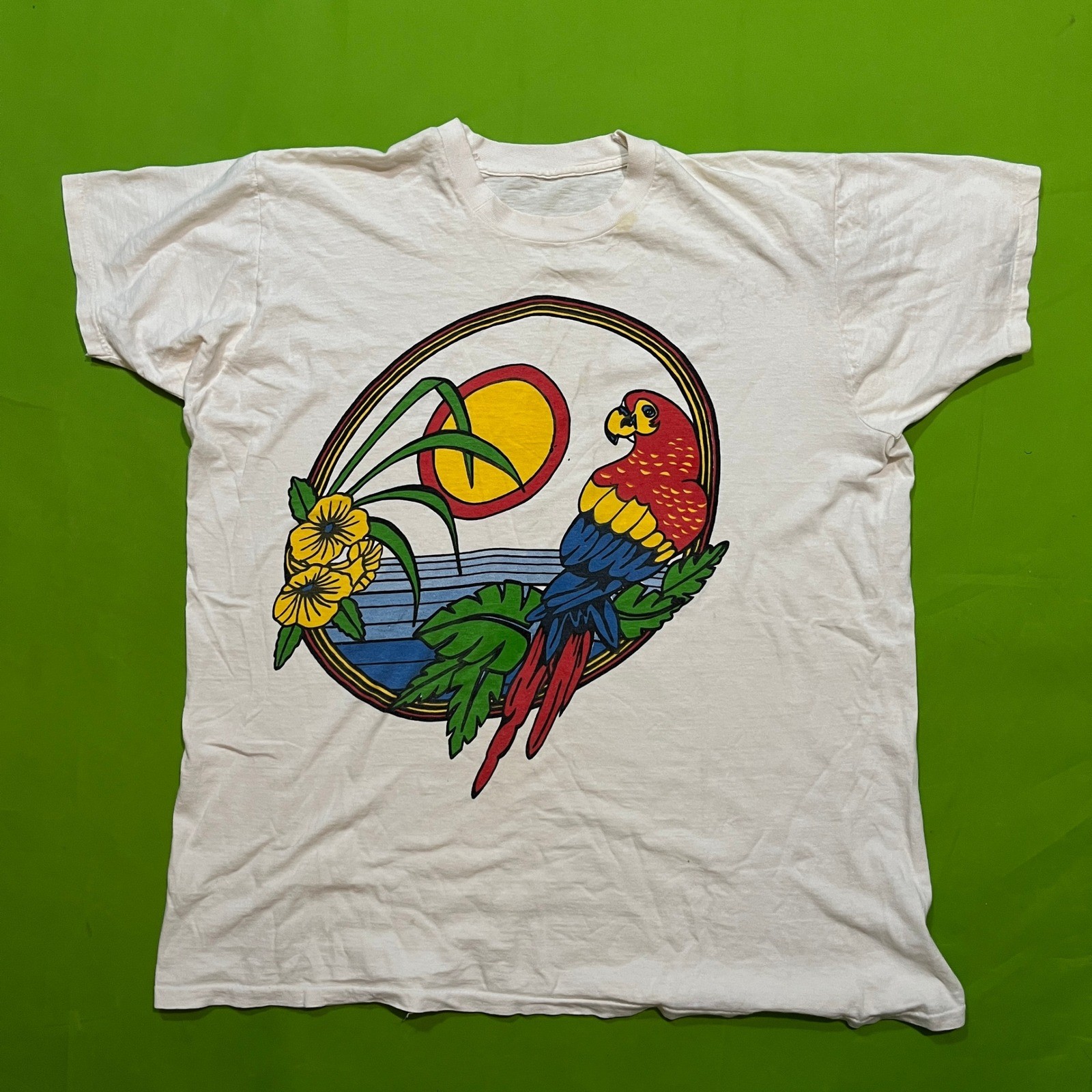 Vintage Parrot Tropical Graphic T-Shirt White Single Stitch Bird Nature XL