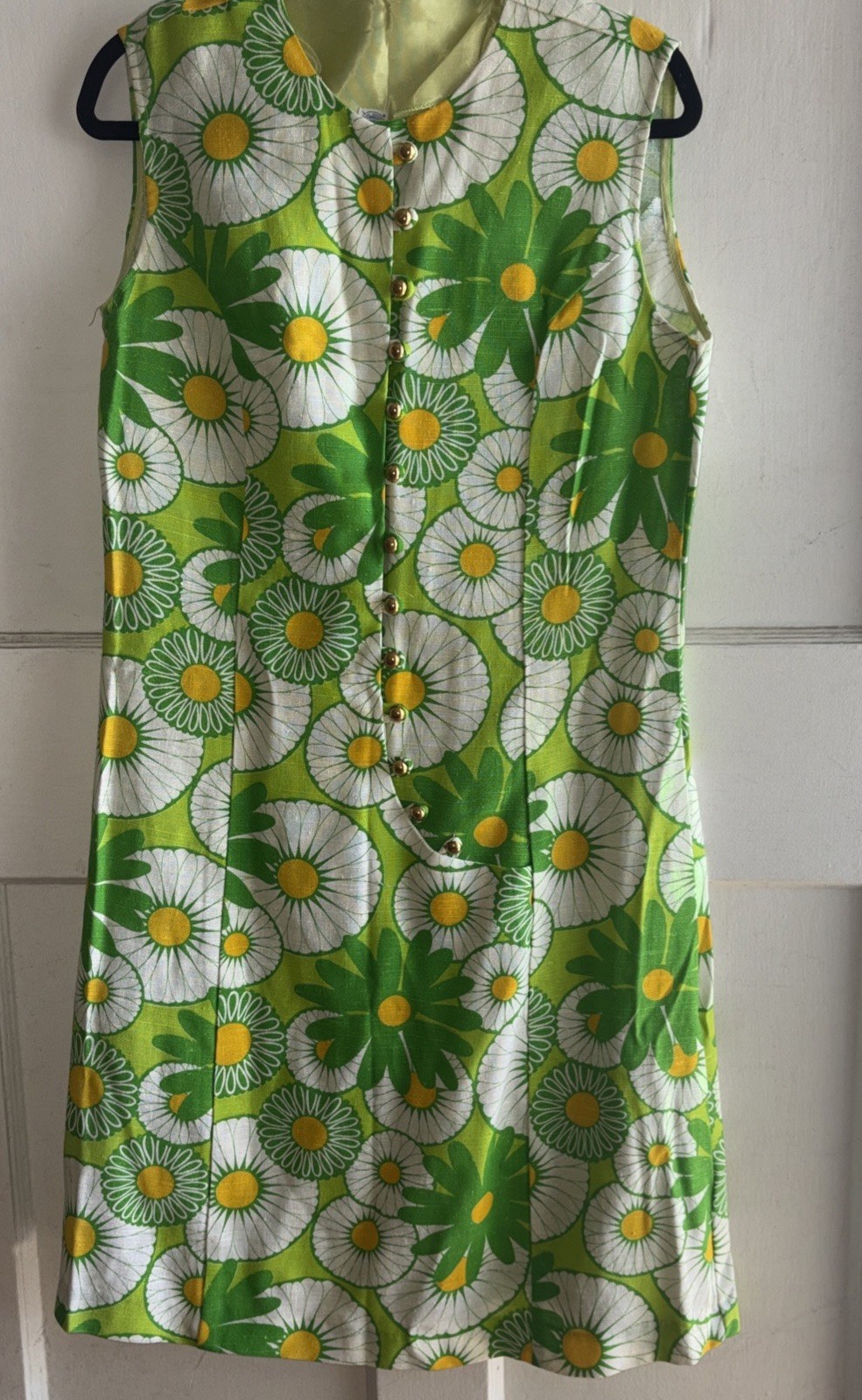 Vtg 60s Mod Daisy Shift Dress Green White ILGWU Union Made Floral Mini Size 18
