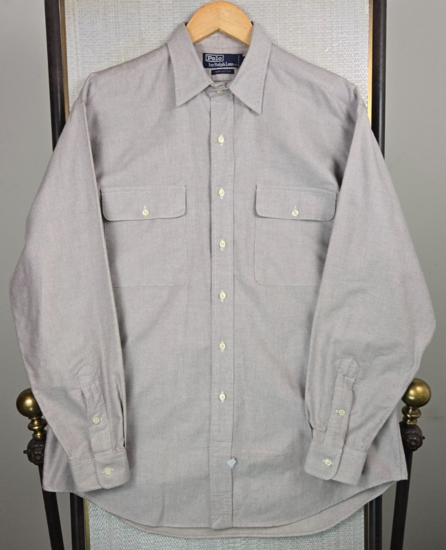 VTG POLO RALPH LAUREN Sz Medium Relaxed Thick Cotton Work Shirt Pockets Mens