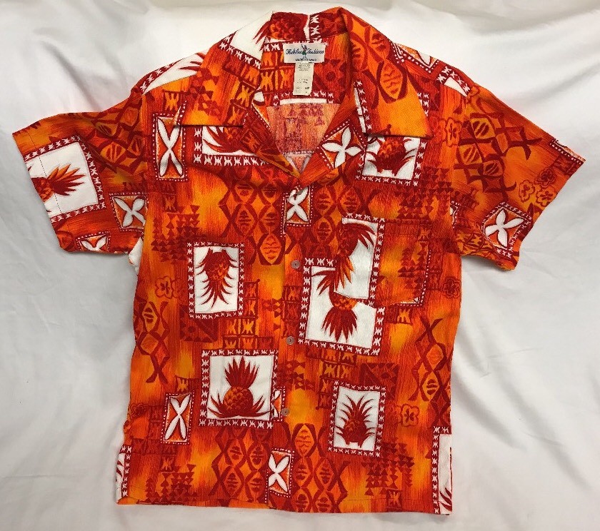 Vintage HUKILAU Fashions Hawaiian Pineapples Loop Collar BARKCLOTH Mens Size M
