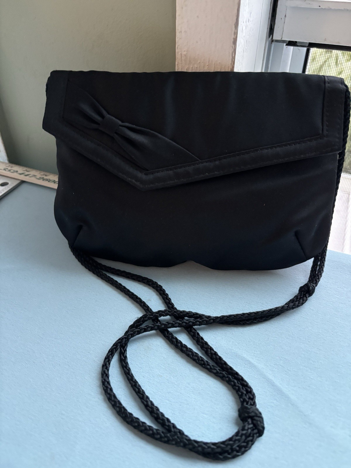 VTG Black Evening Bag Clutch Purse Satiny Bow Hand Made Walborg Belgium