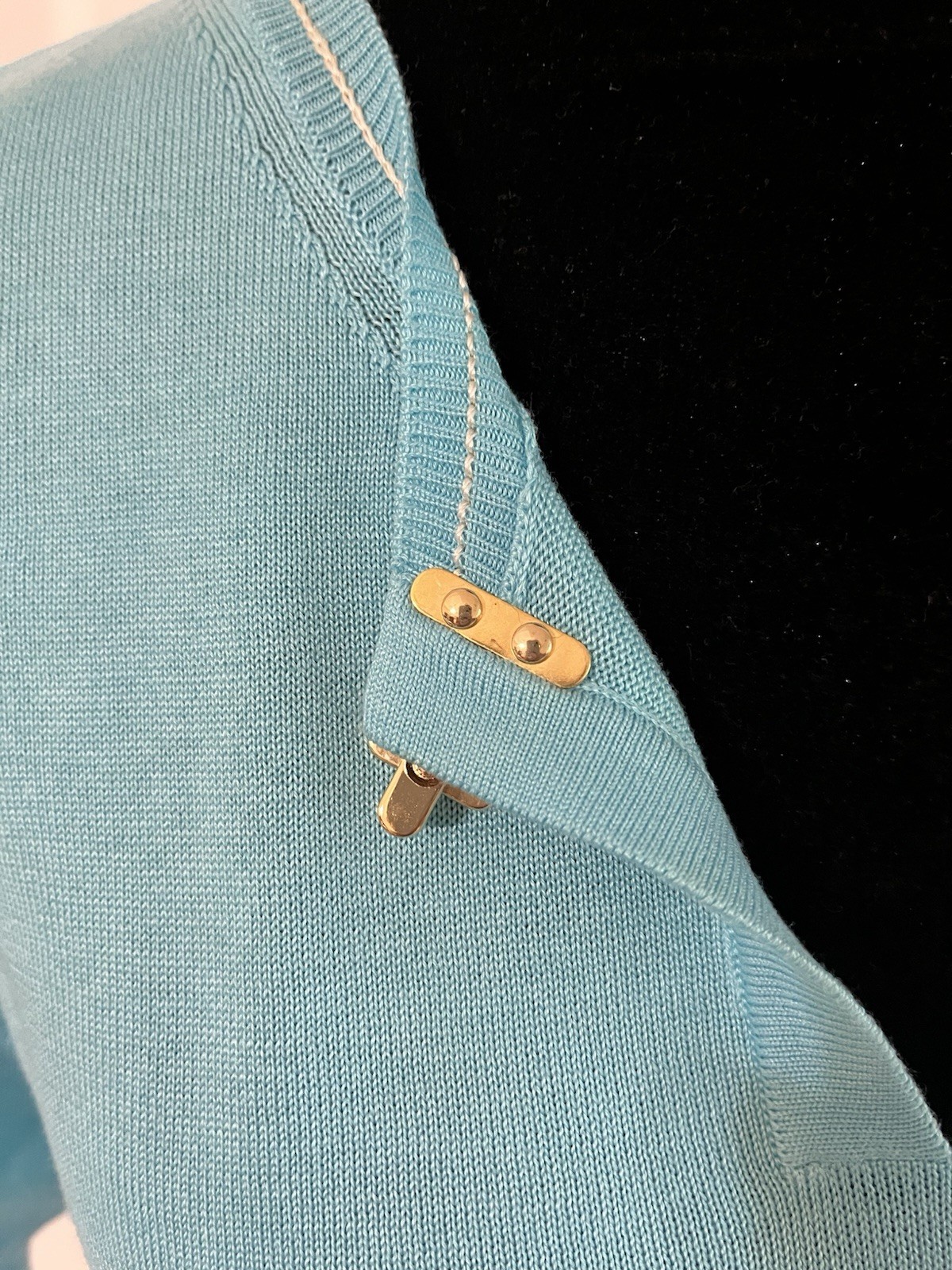 Vintage FERRAGAMO Light Blue Top with Gold Buckle Closure, Size L, Made In Italy