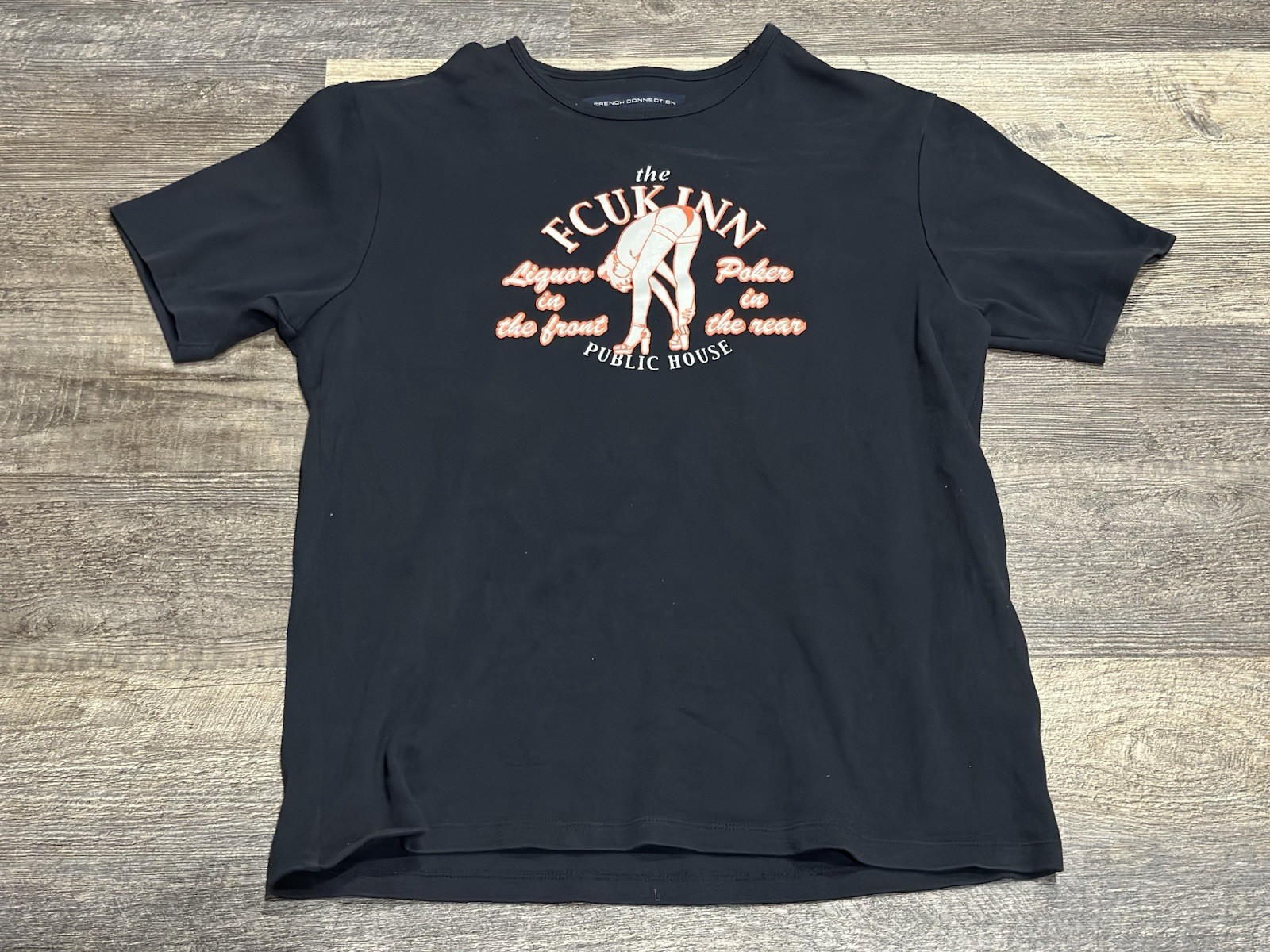 FRENCH CONNECTION Navy LIQUOR FRONT FCUK Public House Vintage Shirt SMALL Y2K