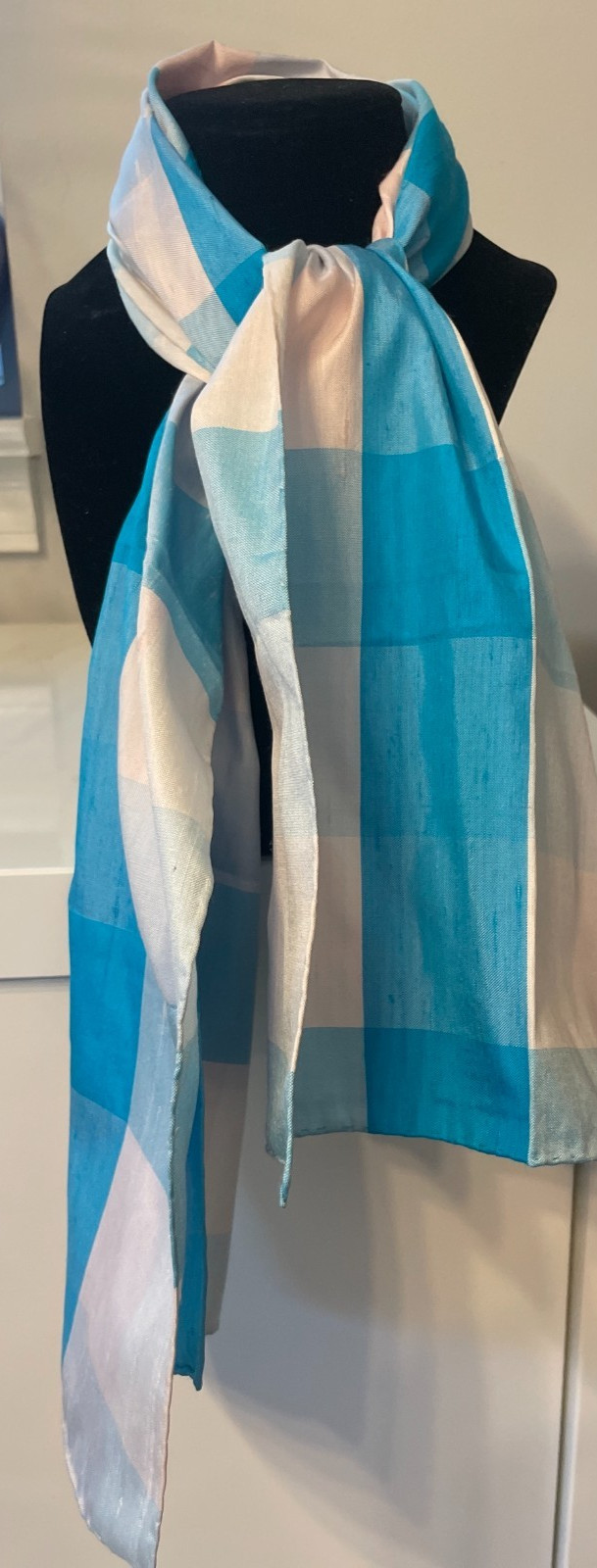 Vintage Charlotte’s 100% Silk Scarf Aqua Blue Plaid British Hong Kong Oblong