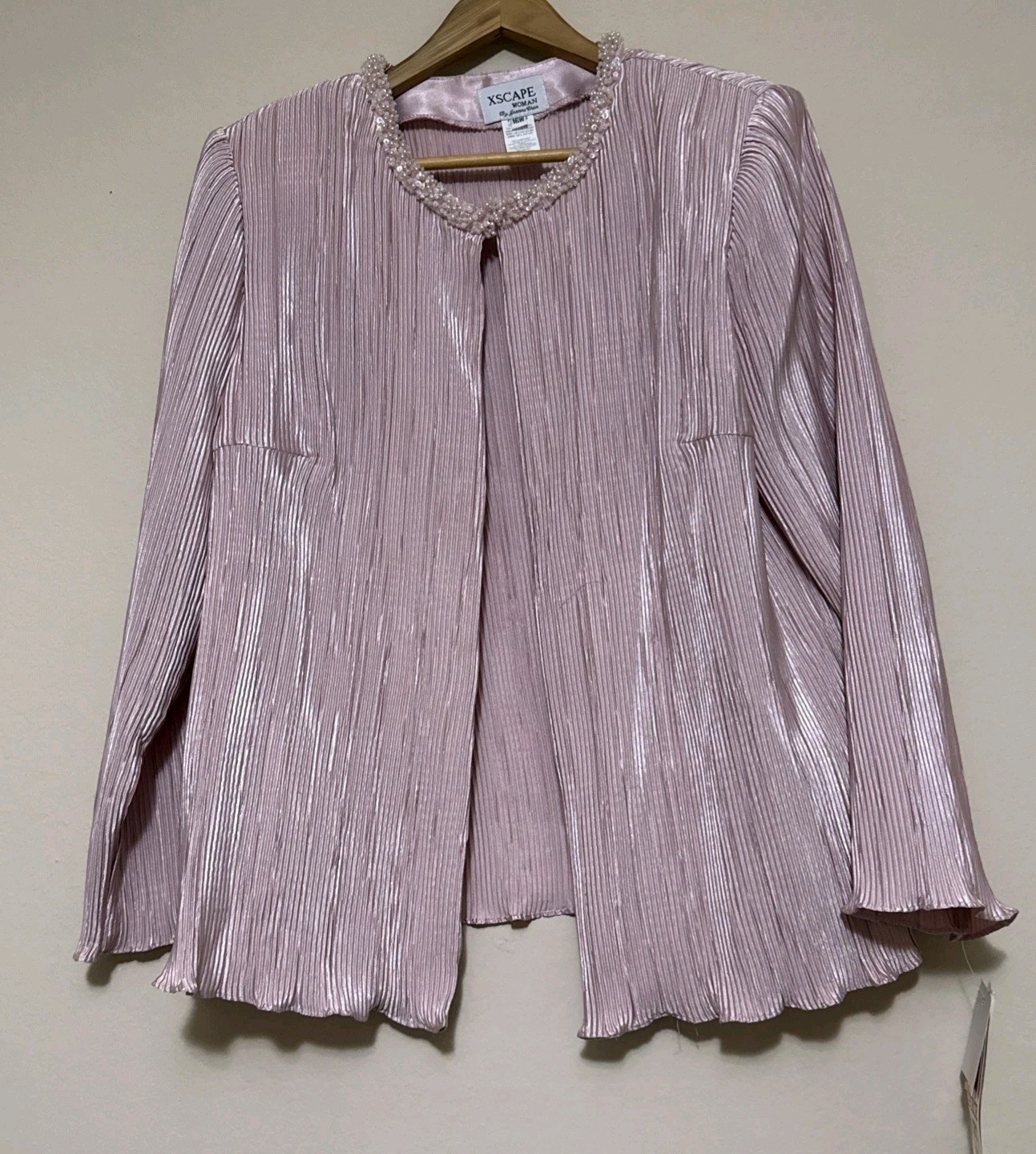 VTG XSCAPE Women’s Pleated Metallic Open Front Evening Jacket Beaded Blush Pink