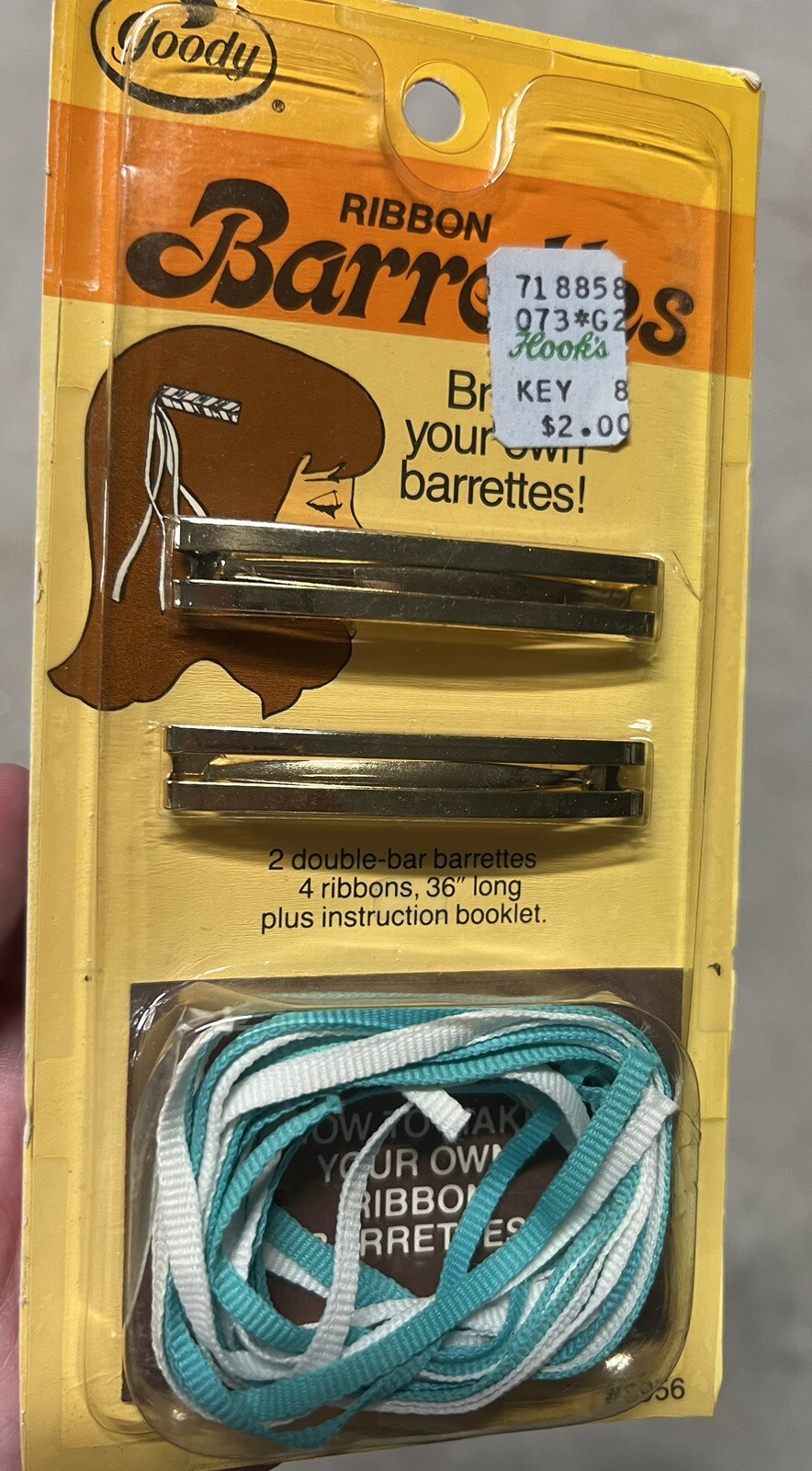 VTG 1981 Goody Braid Ribbon Barrettes DIY With Stay Tight Clasp Teal Blue White