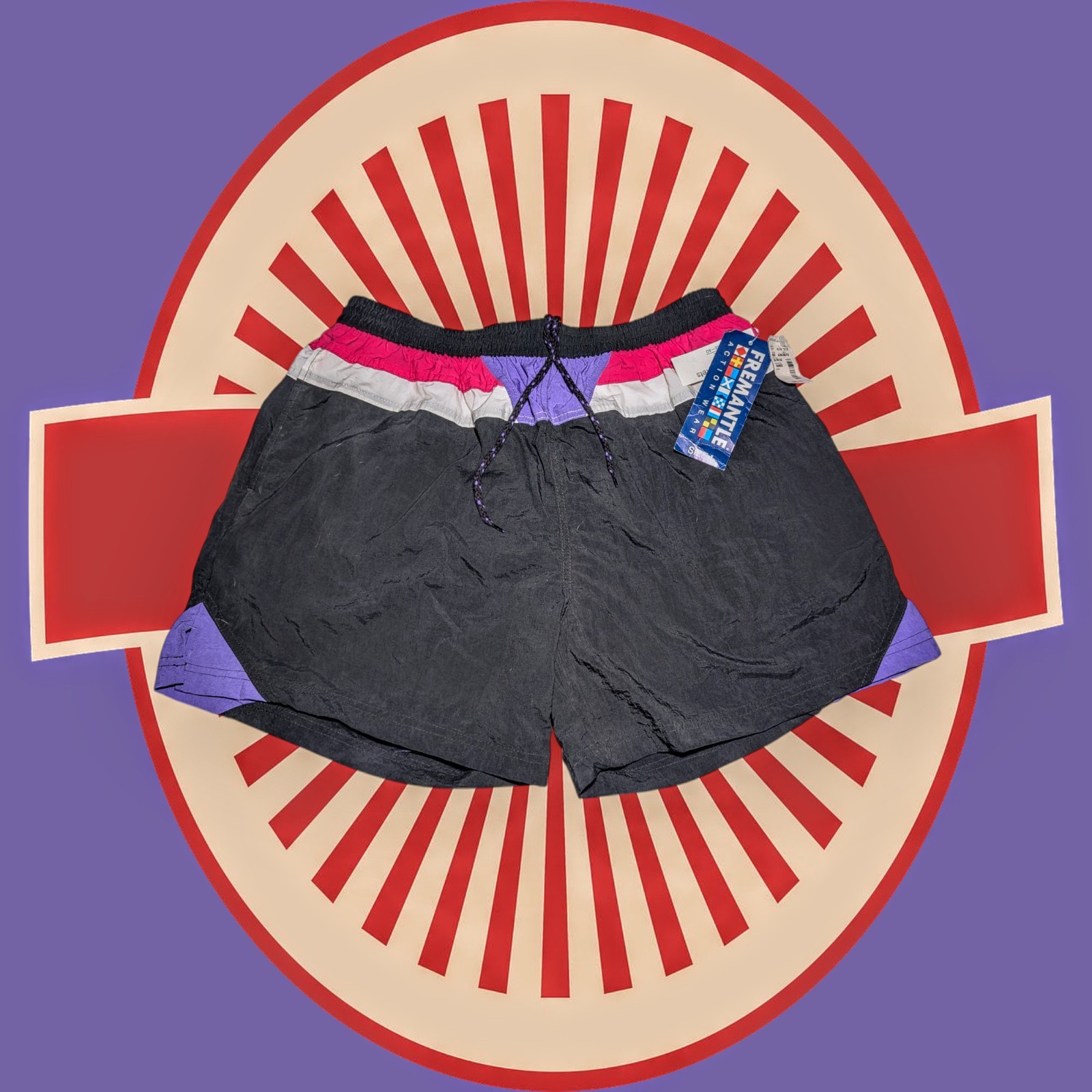 FREMANTLE Action Wear Men’s RETRO Swim Trunks Shorts COLORBLOCK Black Red Mens L