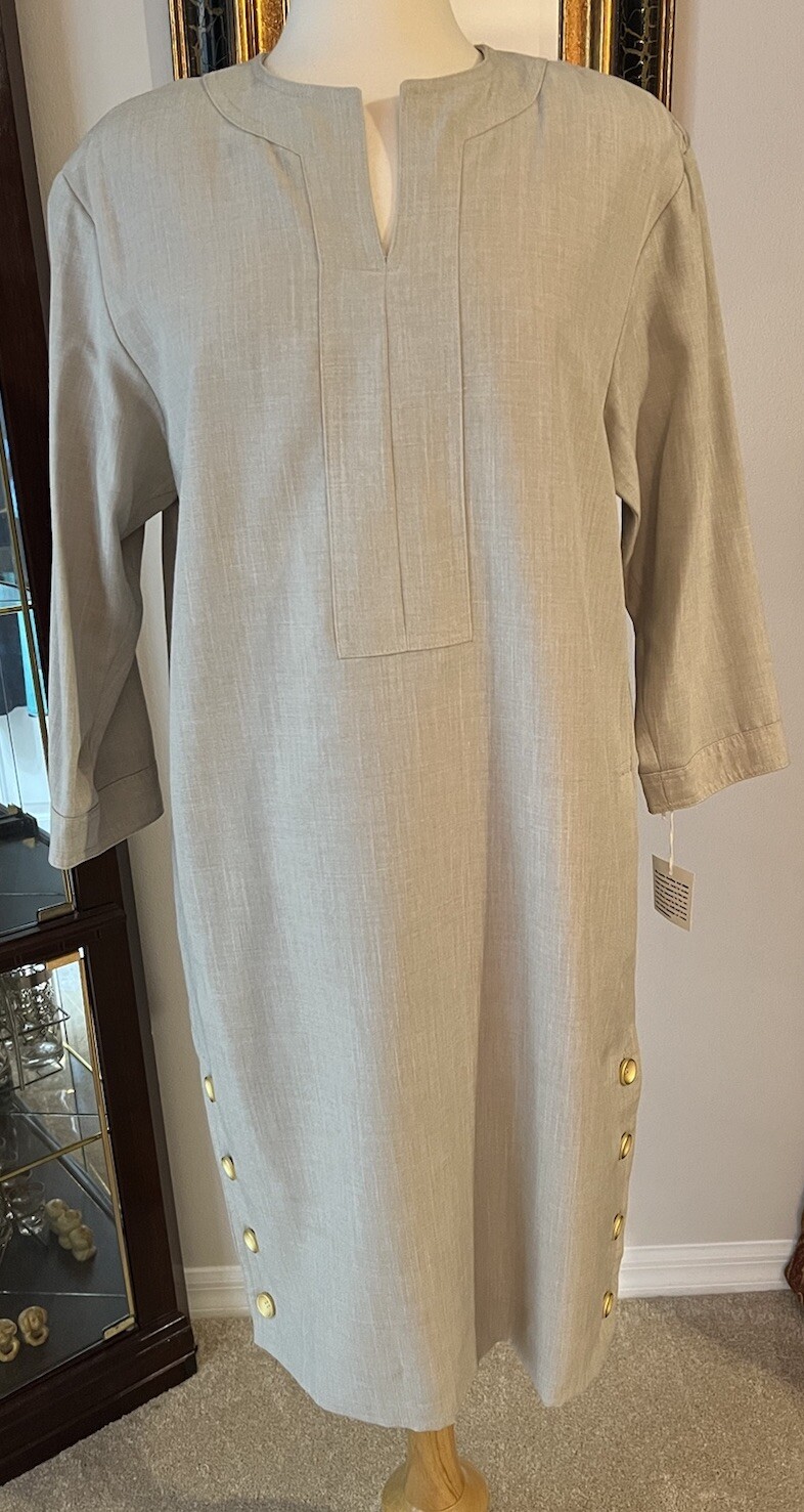 Sandra Ow Wing Sz 10 Shift Dress Vintage 80s Beige Tan Gold Buttons NWT Lined