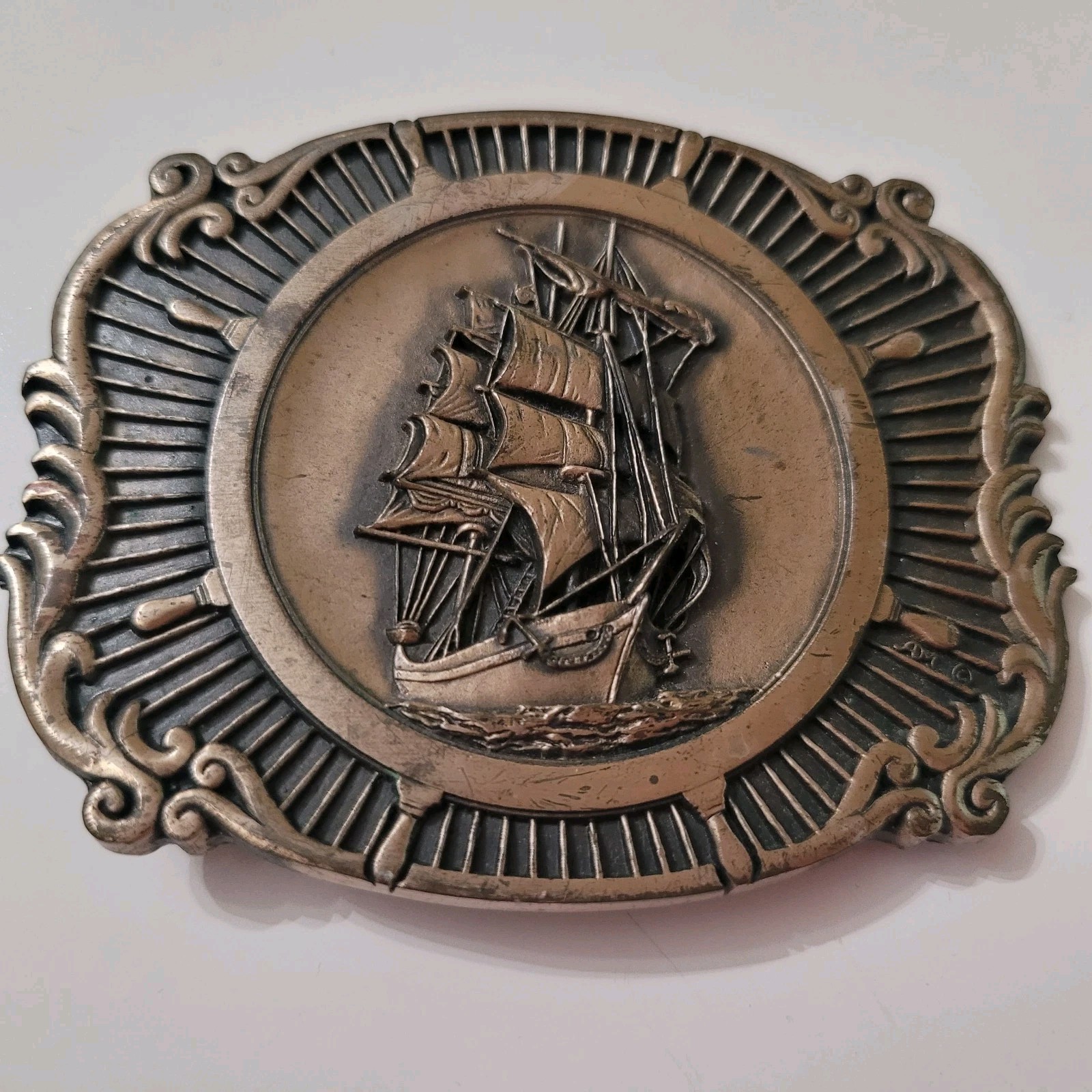 CLIPPER SHIP SAILING SCHOONER SAILS SHIPS SEA VINTAGE BELT BUCKLE BRASS ADM USA