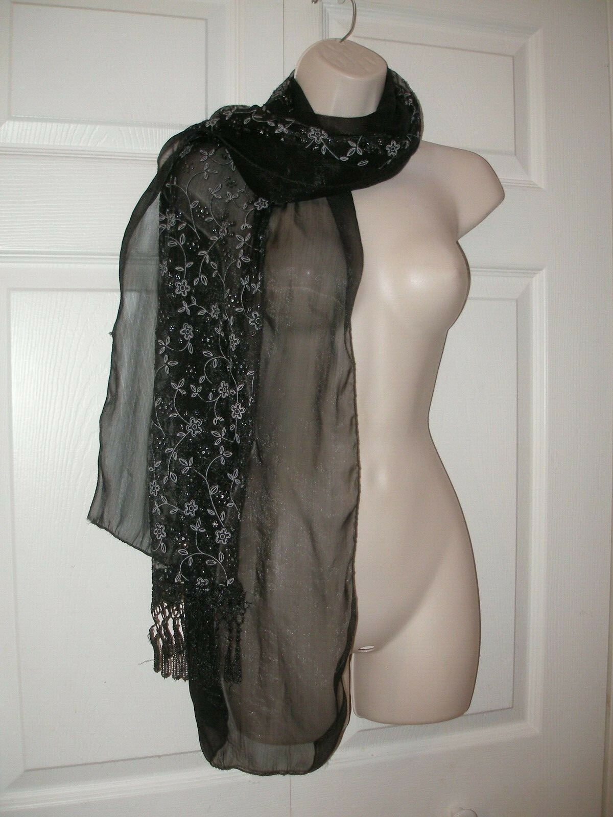 Women’s Neck Scarf Sheer Black Fabric Silver & Black Flowers Bric-A-Brac