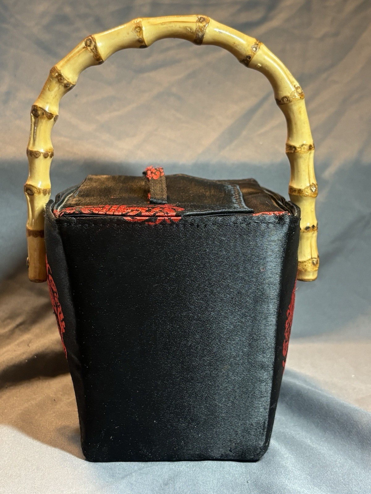 Asian Tozai Take out Box Hand Purse with Natural Bamboo Handle- Estate Find