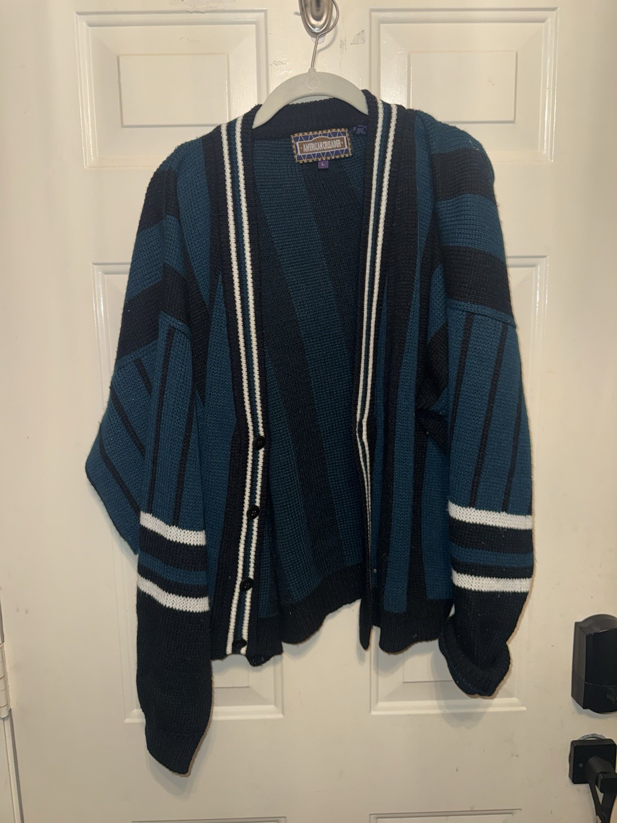 VTG AMERICAN CRUSADER Knit Cardigan Sweater Men’s L Blue Patchwork (Home98)