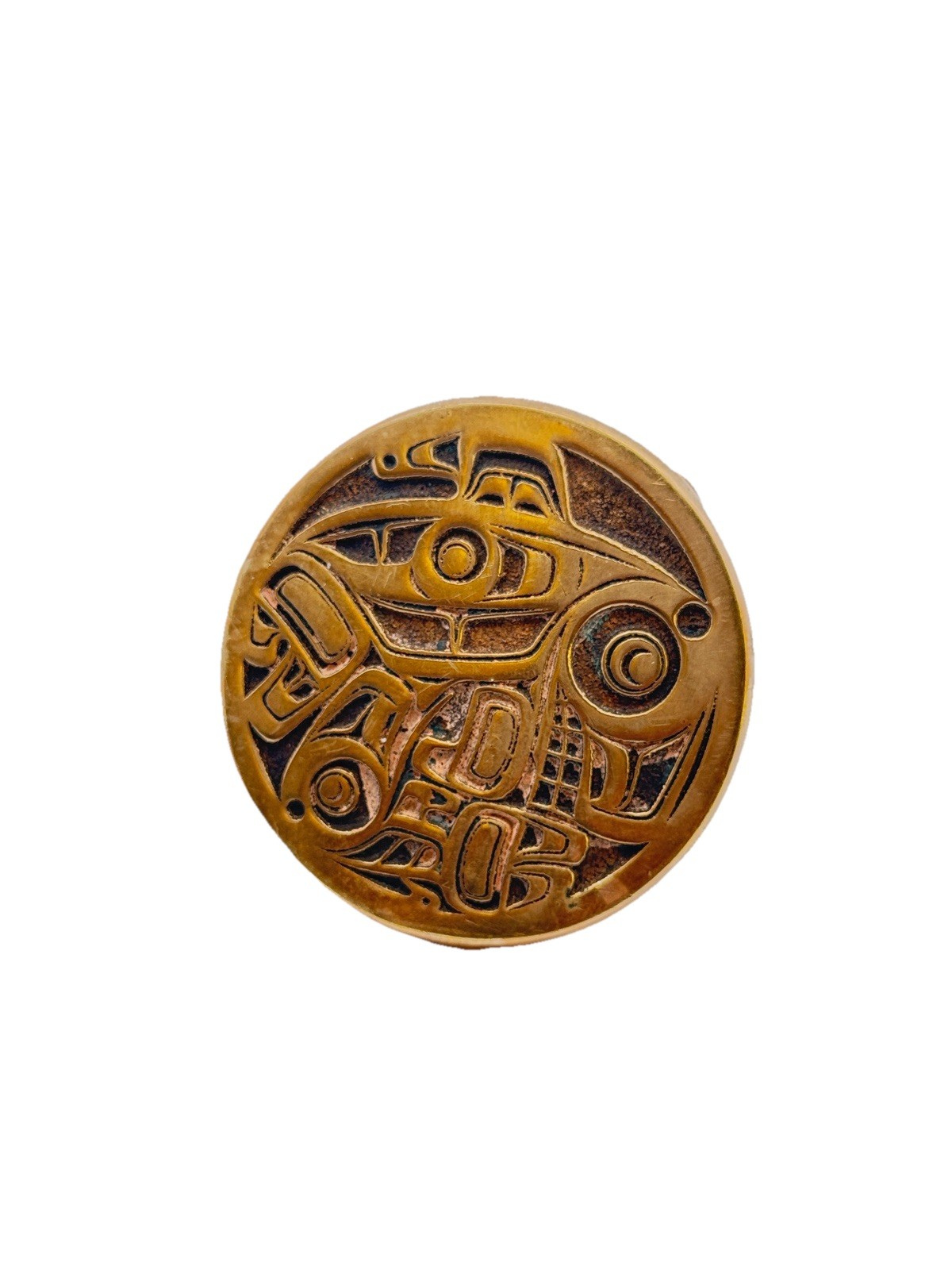 1970’s Estate Brass Pacific Northwest Abstract Totem Themed Round Belt Buckle