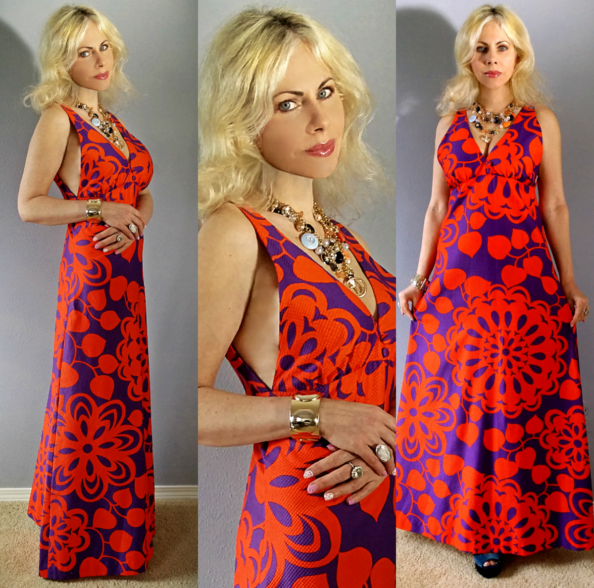 Vtg 70s Hawaiian Waikiki Beach Cut Out Hippie Boho Orange A line Maxi DRESS