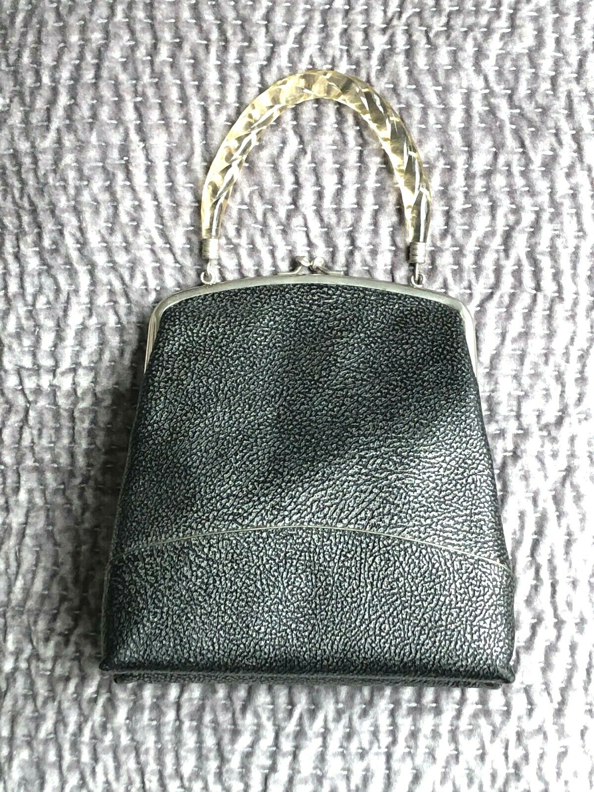 1950’s STYLECRAFT of MIAMI Lucite Handle Black Metallic Leather Reptile-Look BAG