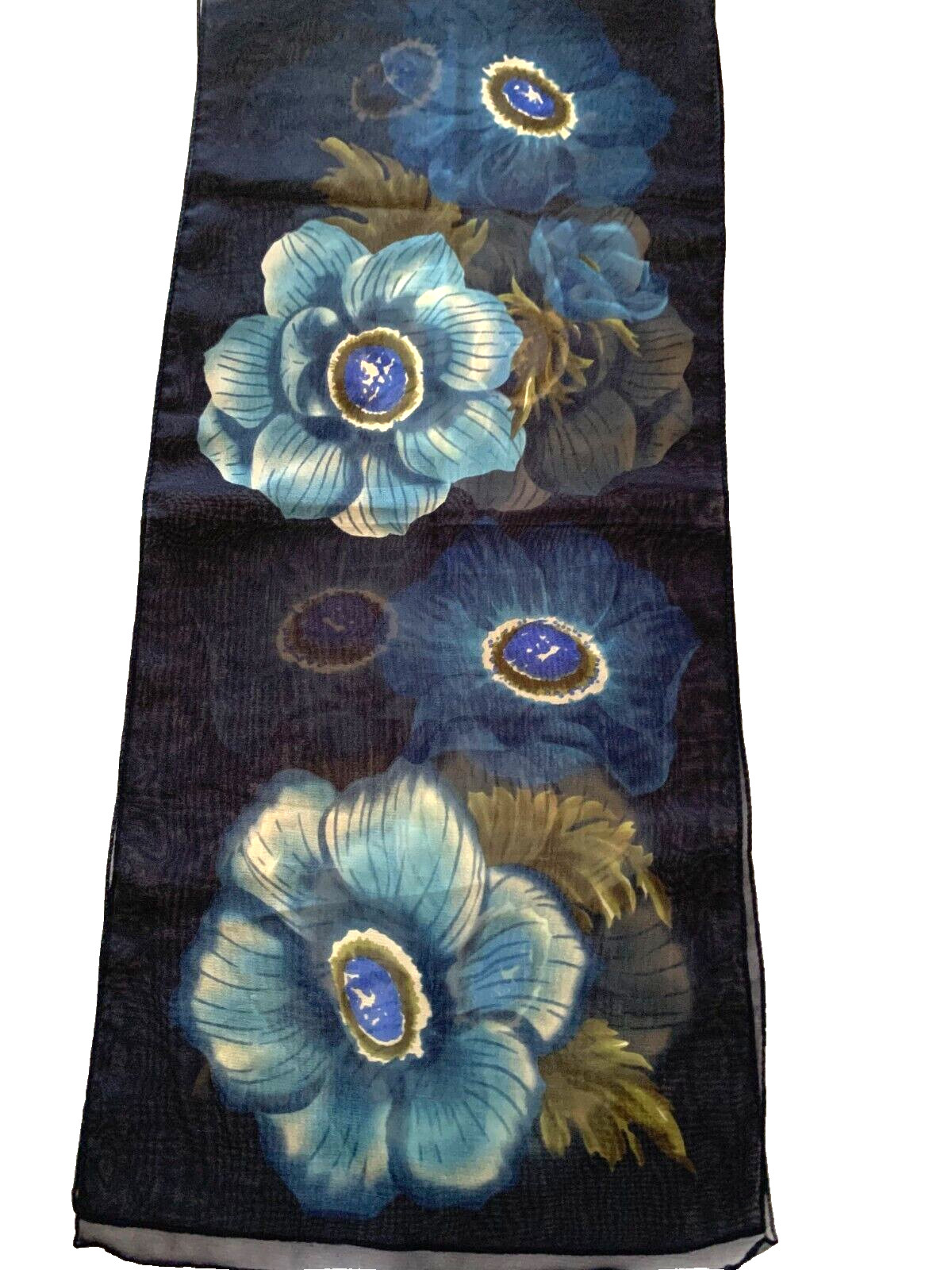 Vintage Scarf Navy Blue Olive Ivory Sheer Floral Pattern Nylon Rectangle 11 x 51