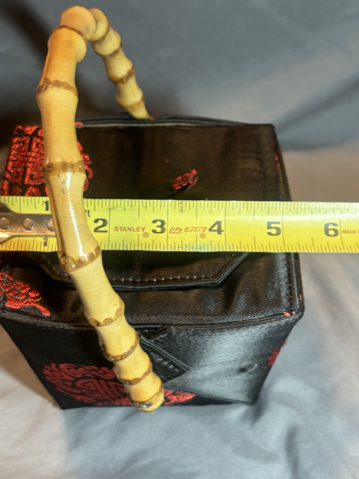 Asian Tozai Take out Box Hand Purse with Natural Bamboo Handle- Estate Find
